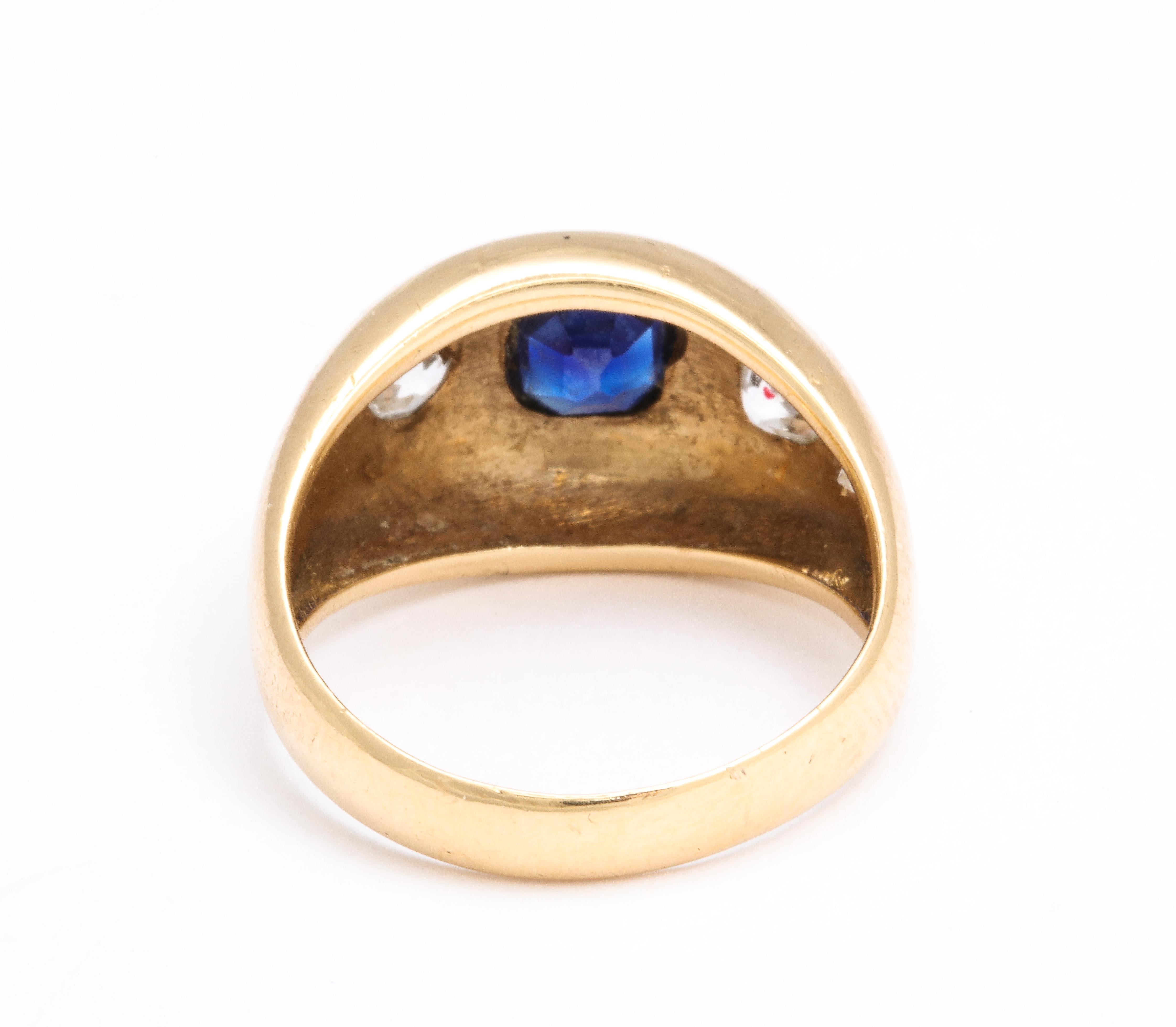 Antique Cushion Cut Natural Sapphire and Diamond Gold Gypsy Ring
