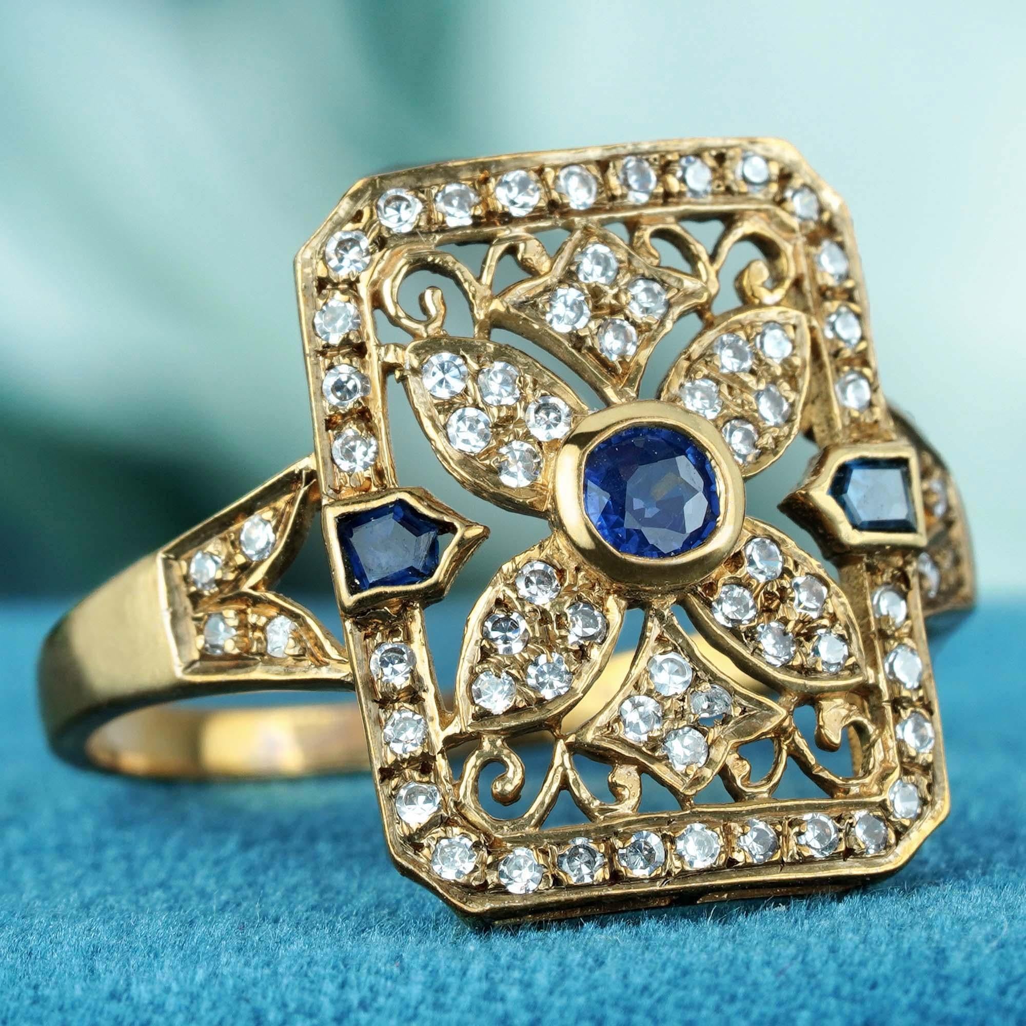 For Sale:  Natural Sapphire and Diamond Octagon Filigree Ring in Solid 9K Yellow Gold 3
