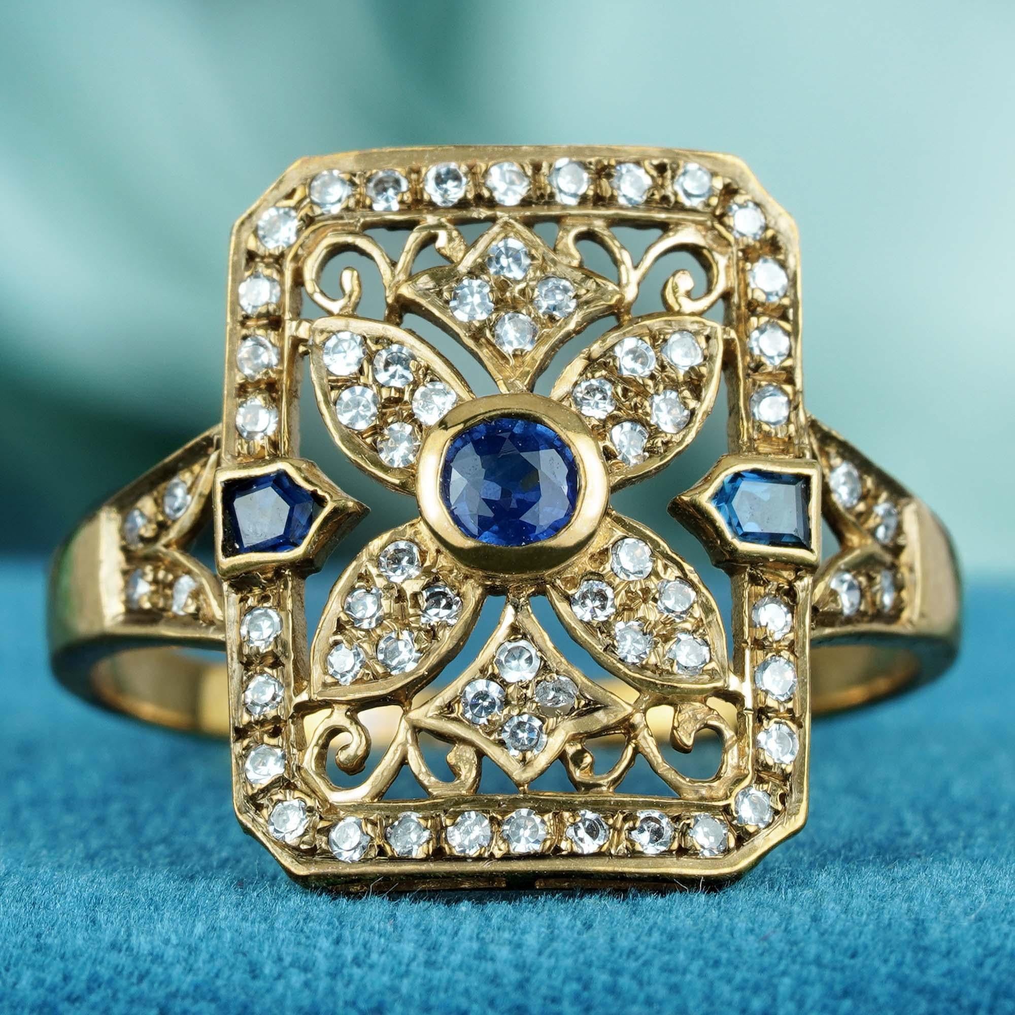 For Sale:  Natural Sapphire and Diamond Octagon Filigree Ring in Solid 9K Yellow Gold 2