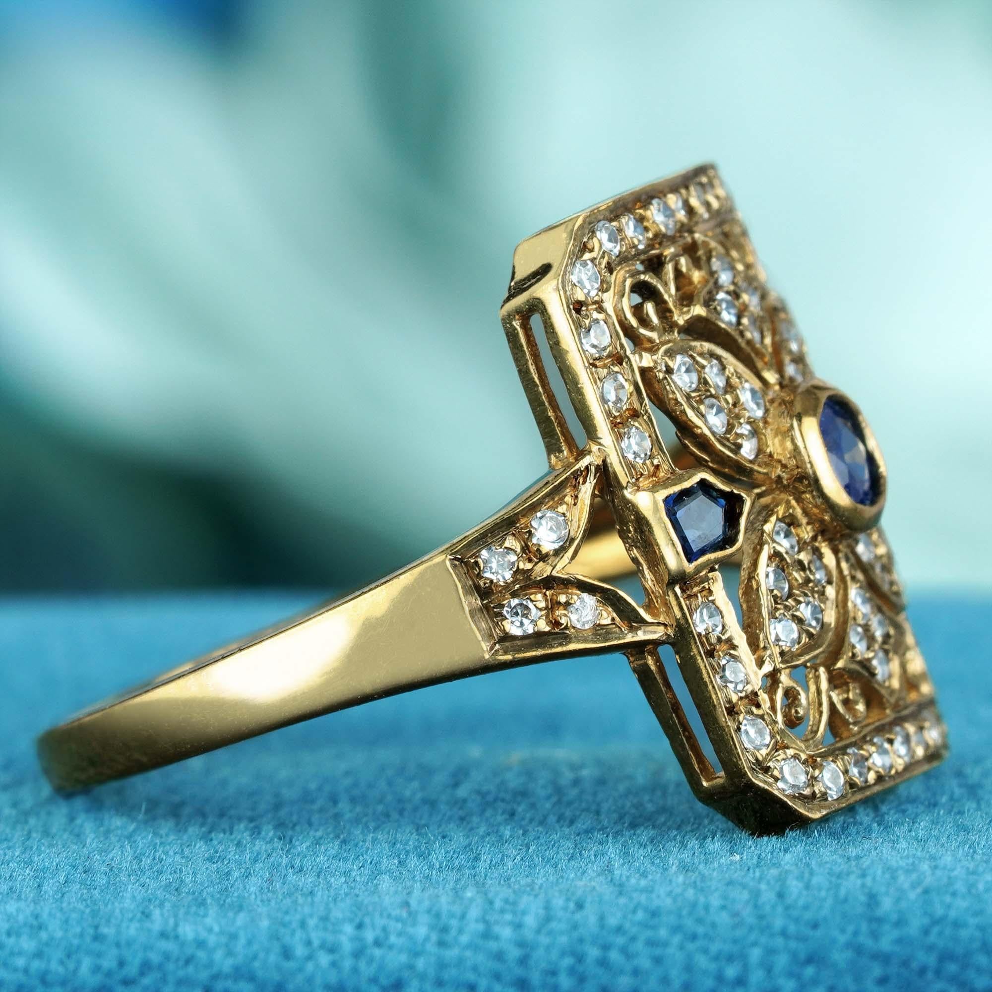 For Sale:  Natural Sapphire and Diamond Octagon Filigree Ring in Solid 9K Yellow Gold 4