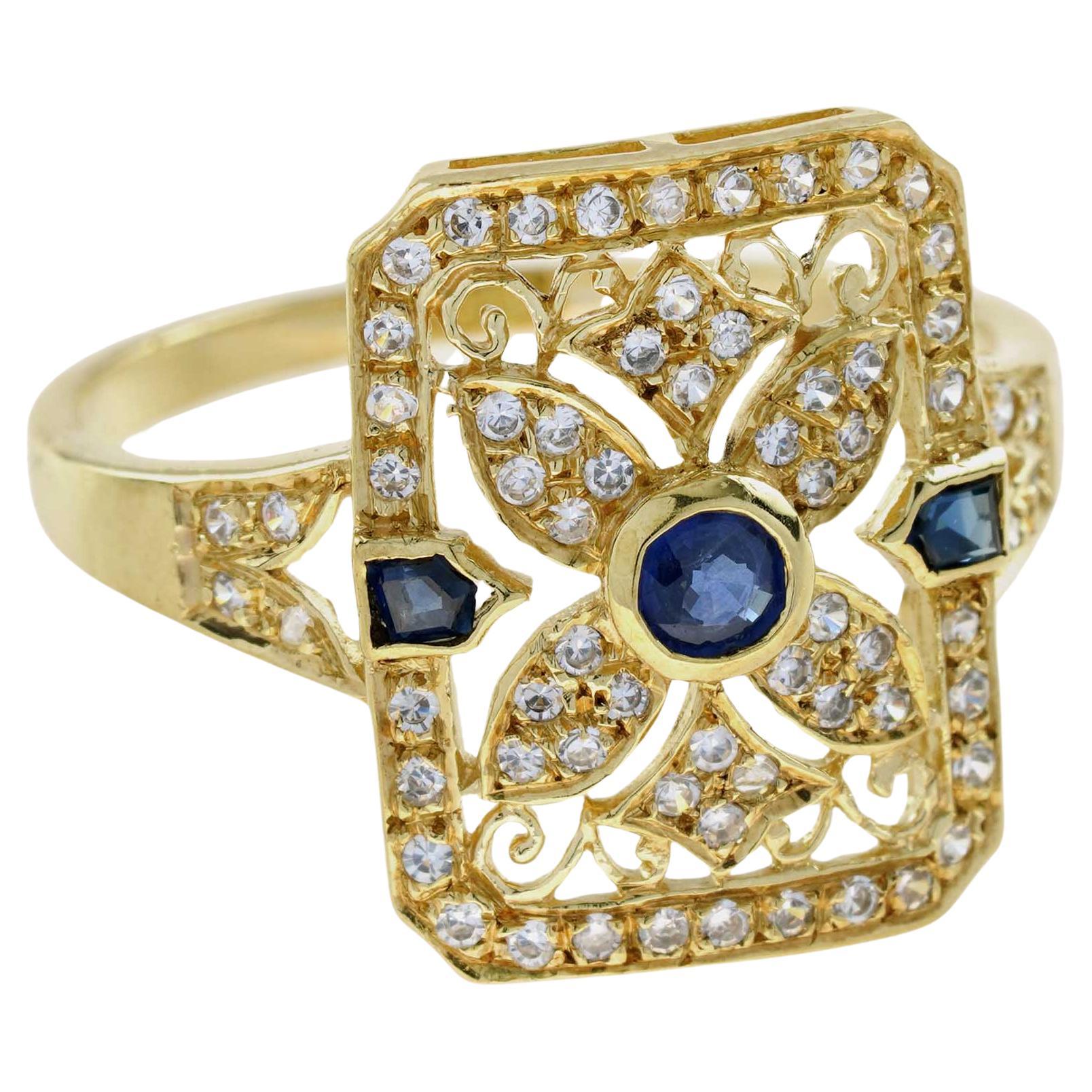 Achteckiger filigraner Ring aus massivem 9 Karat Gelbgold mit natürlichem Saphir und Diamant