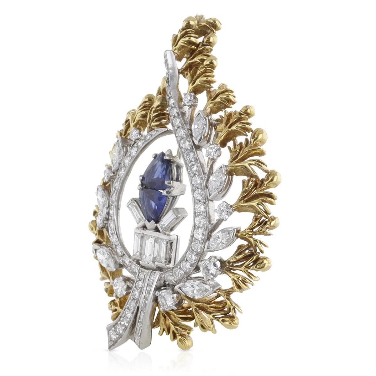 Retro Natural Sapphire and Diamond Vintage Brooch in Gold