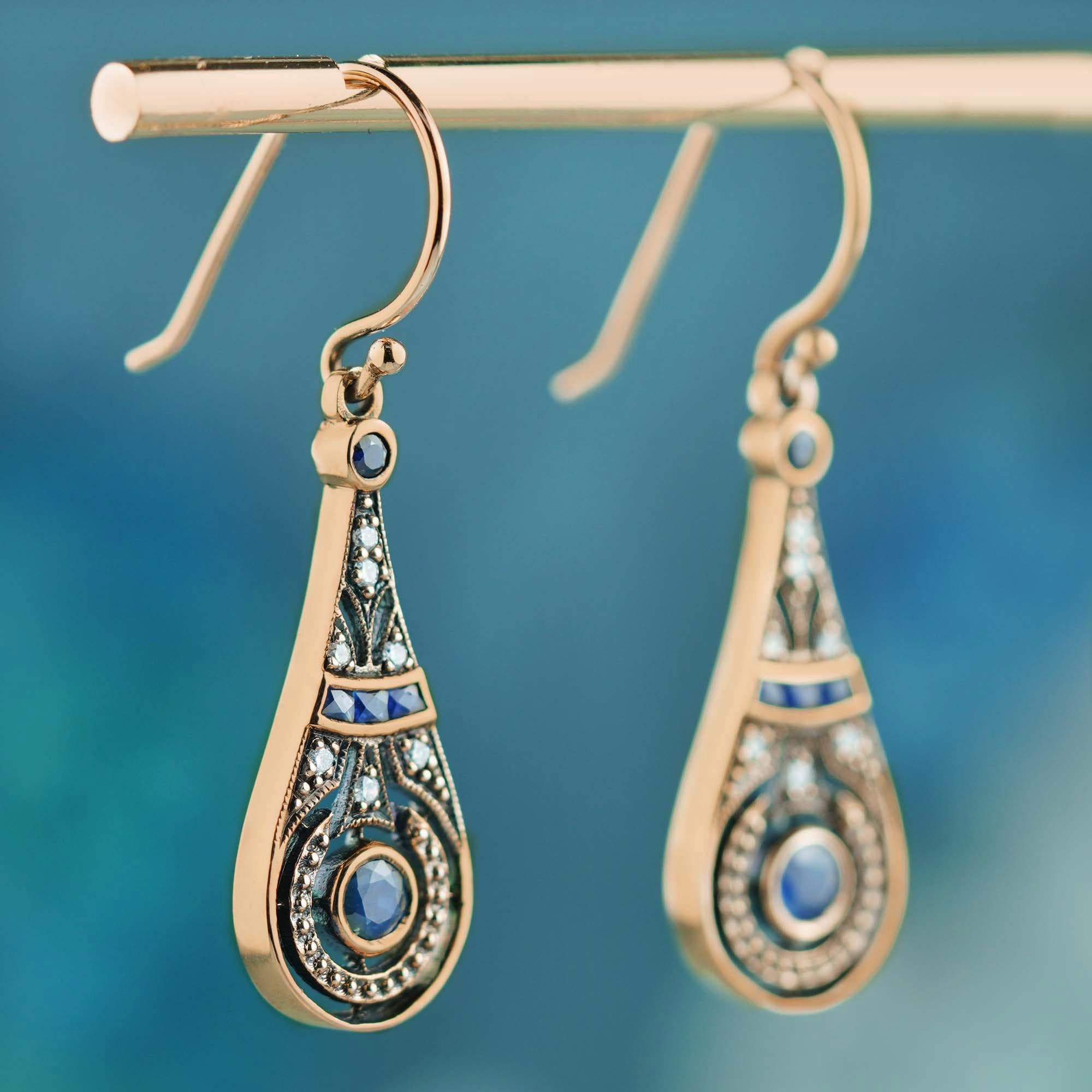 Edwardian Natural Sapphire and Diamond Vintage Style Pear Shape Drop Earrings in 9K Gold For Sale