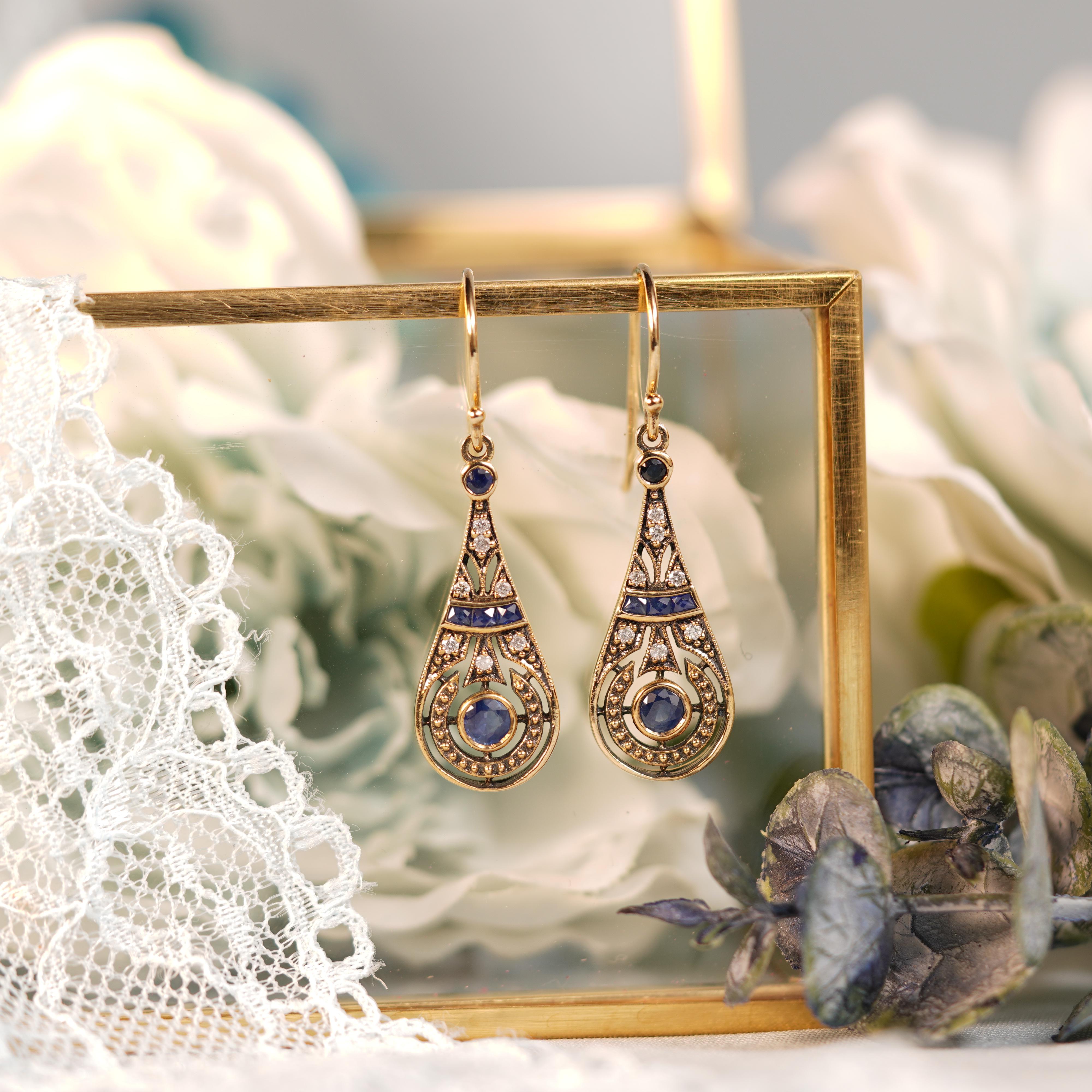 Women's Natural Sapphire and Diamond Vintage Style Pear Shape Drop Earrings in 9K Gold For Sale