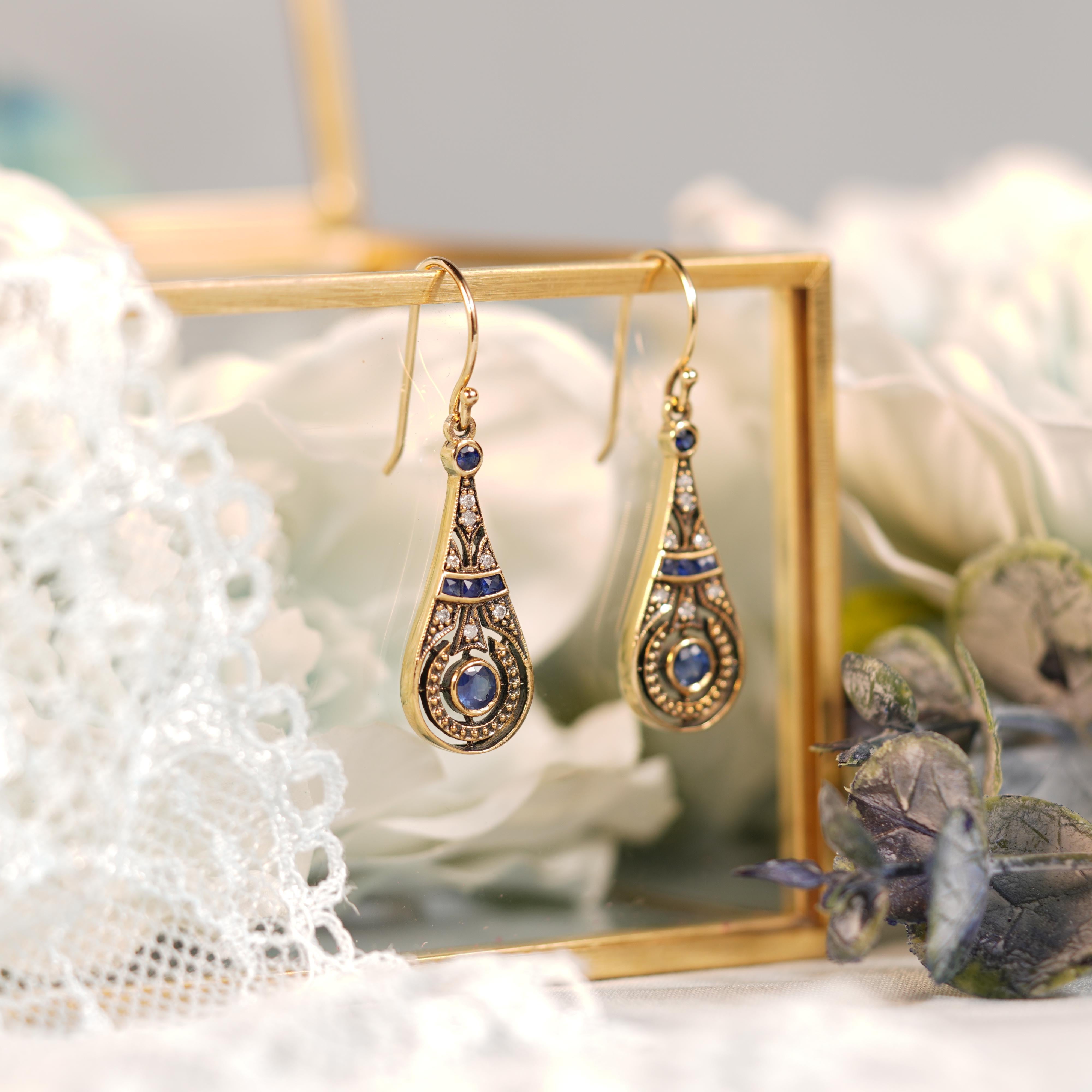 Natural Sapphire and Diamond Vintage Style Pear Shape Drop Earrings in 9K Gold For Sale 1