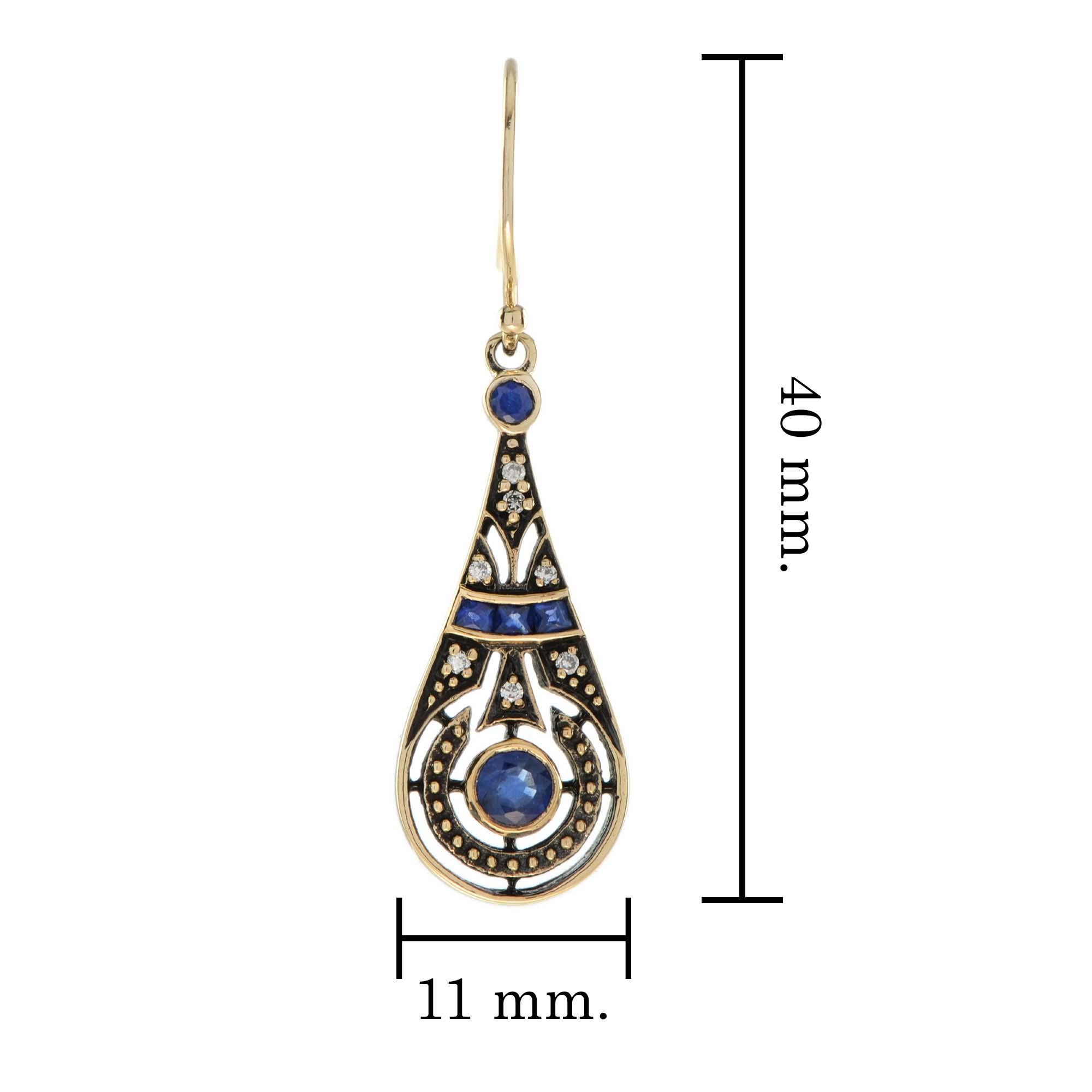 Natural Sapphire and Diamond Vintage Style Pear Shape Drop Earrings in 9K Gold For Sale 2