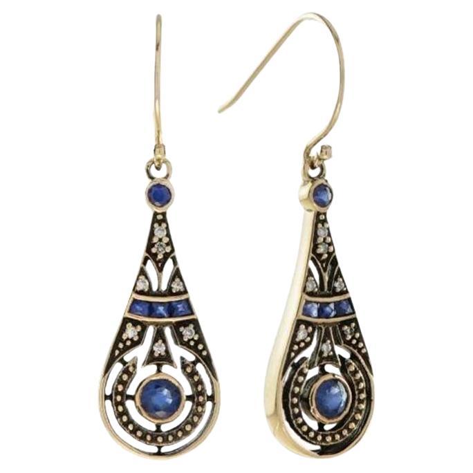 Boucles d'oreilles pendantes en or 9 carats saphir naturel et diamant de style vintage en forme de poire