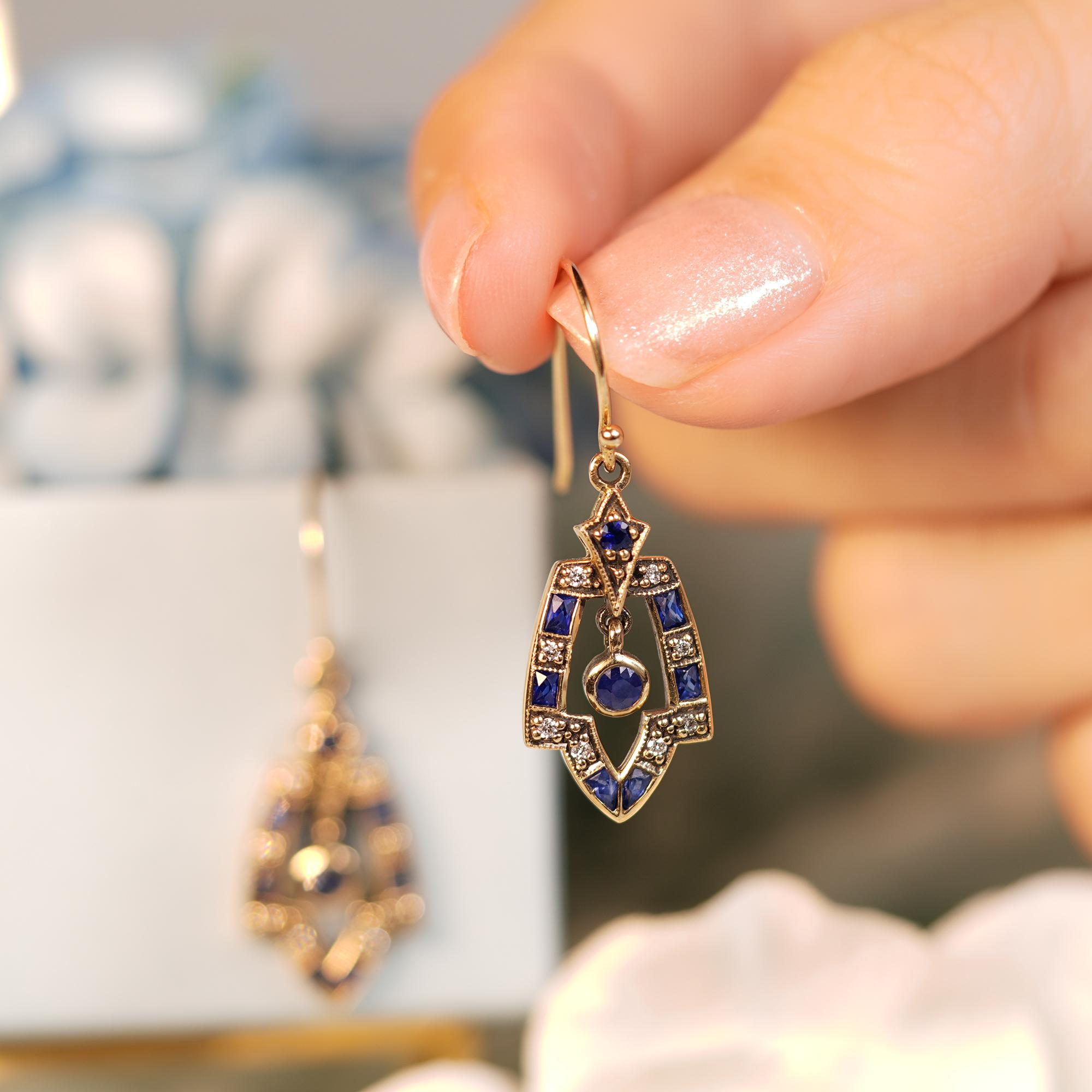 Natural Sapphire and Diamond Vintage Style Wing Drop Earrings in Solid 9K Gold In New Condition For Sale In Bangkok, TH