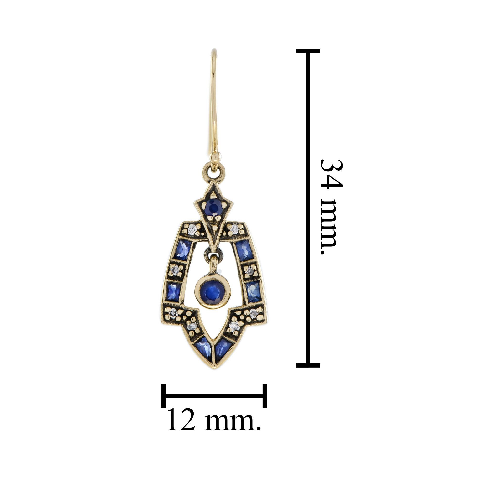 Natural Sapphire and Diamond Vintage Style Wing Drop Earrings in Solid 9K Gold For Sale 1