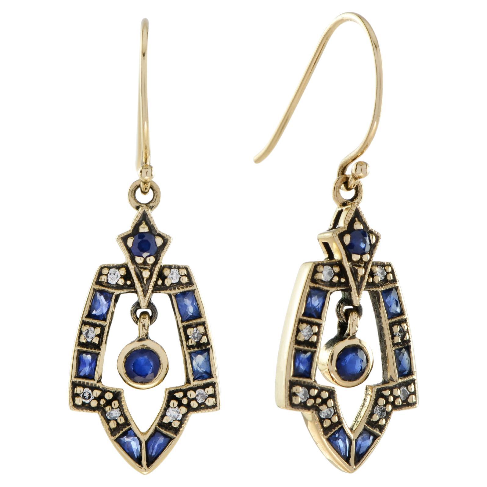 Natural Sapphire and Diamond Vintage Style Wing Drop Earrings in Solid 9K Gold For Sale