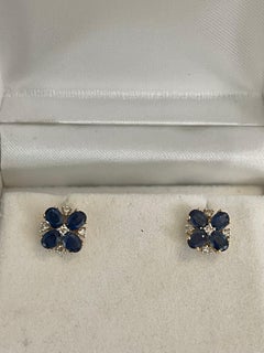 Natural Sapphire and Diamonds Flower Post Earrings 14 Karat Yellow Gold