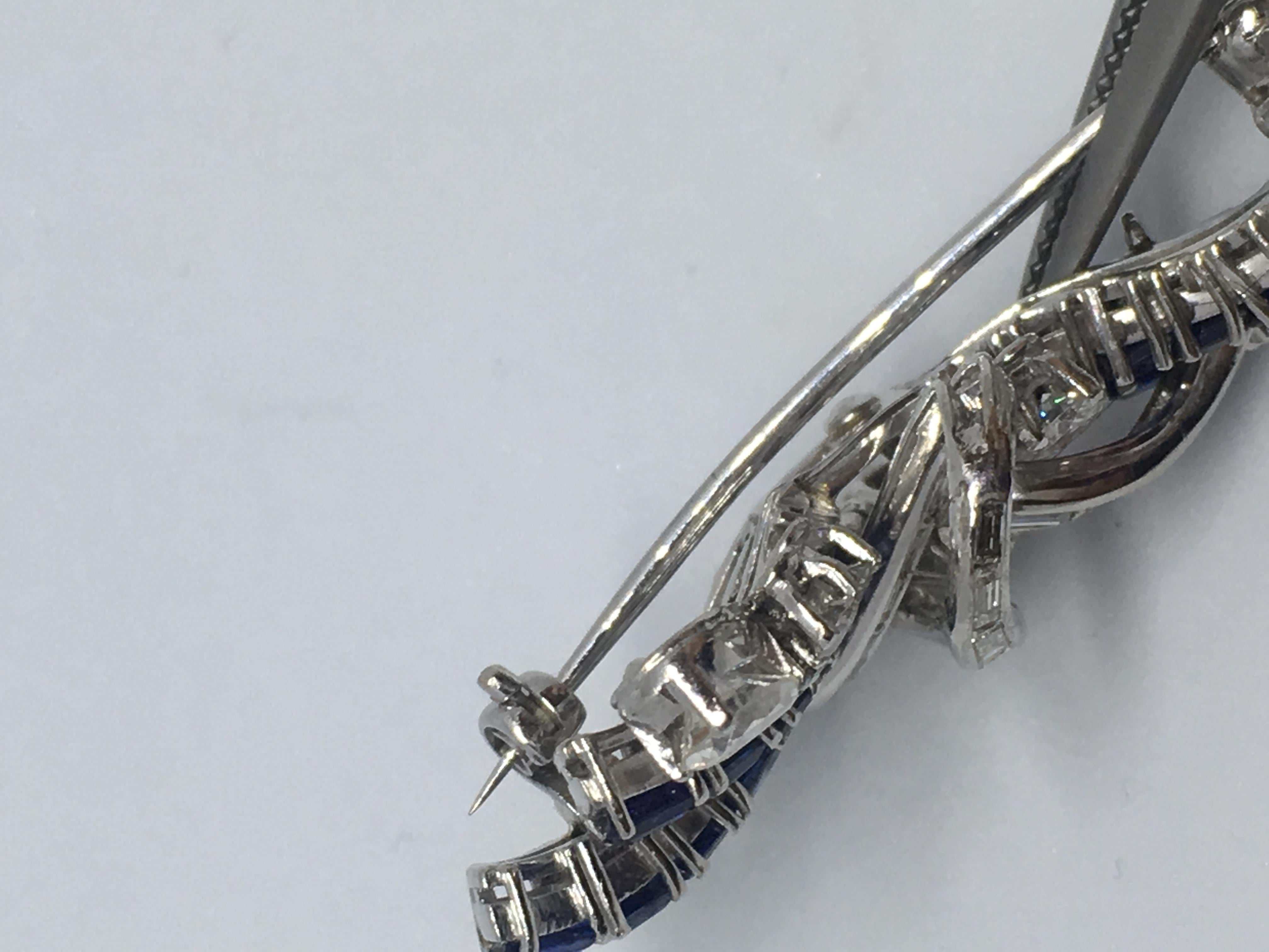 Baguette Cut Natural Sapphire and White Diamond Brooch Pendant For Sale