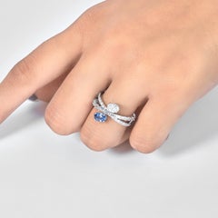 1.17 Carat Oval Natural Blue Sapphire Diamond Bypass Ring, 14k White Gold