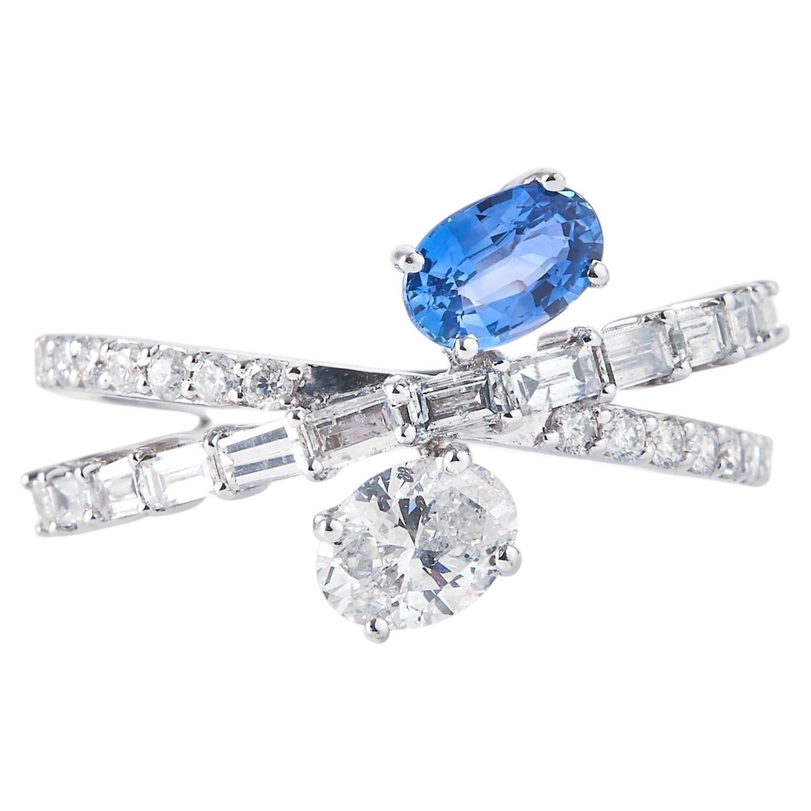 Natural Sapphire Baguette Diamond Crossover Ring in 14k Solid Gold (Certified)
