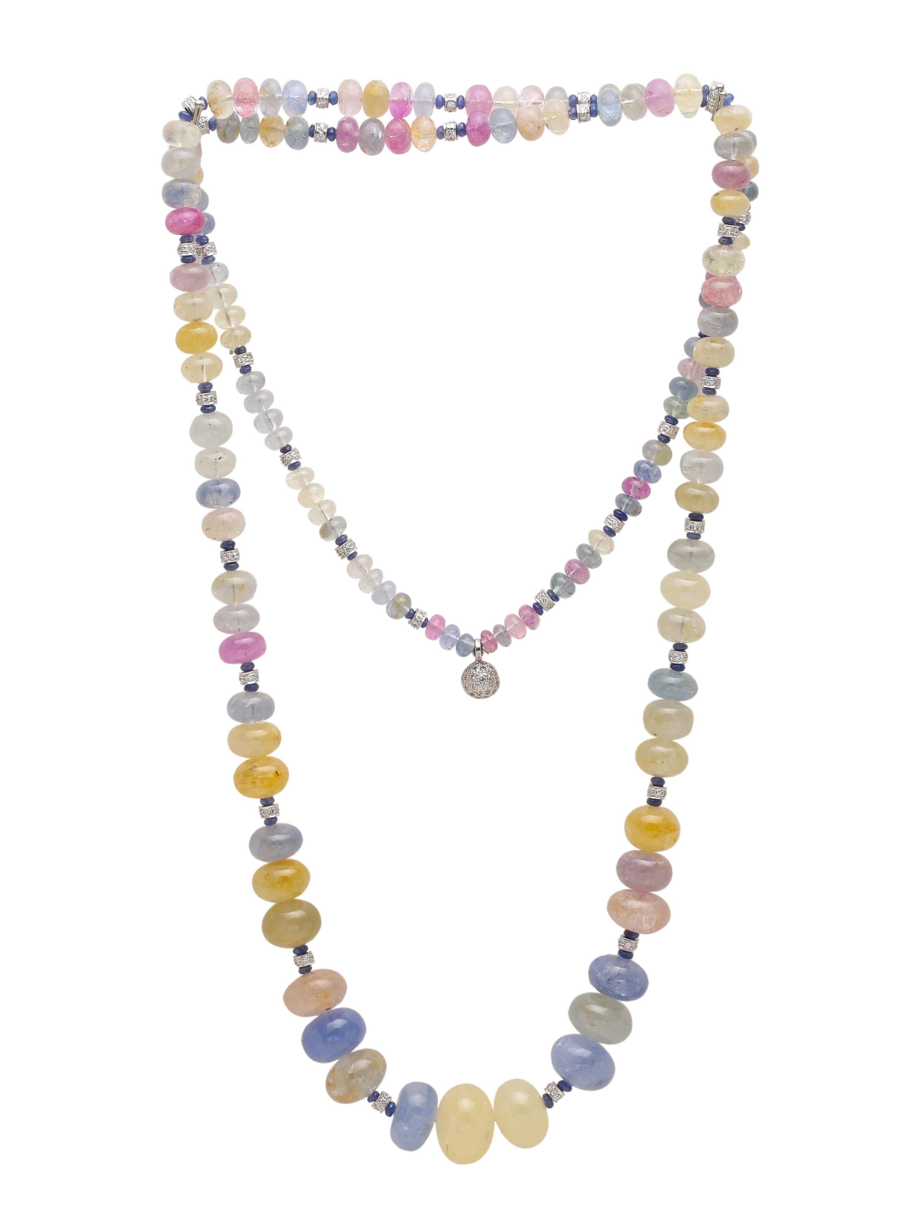 A Beautiful necklace with Natural Multi Color Sapphires graduating in size. You will also notice some Gold and Diamond Rhondells in the middle of the beads which adds some diamond glitter to the necklace.
The different colors of sapphire were made