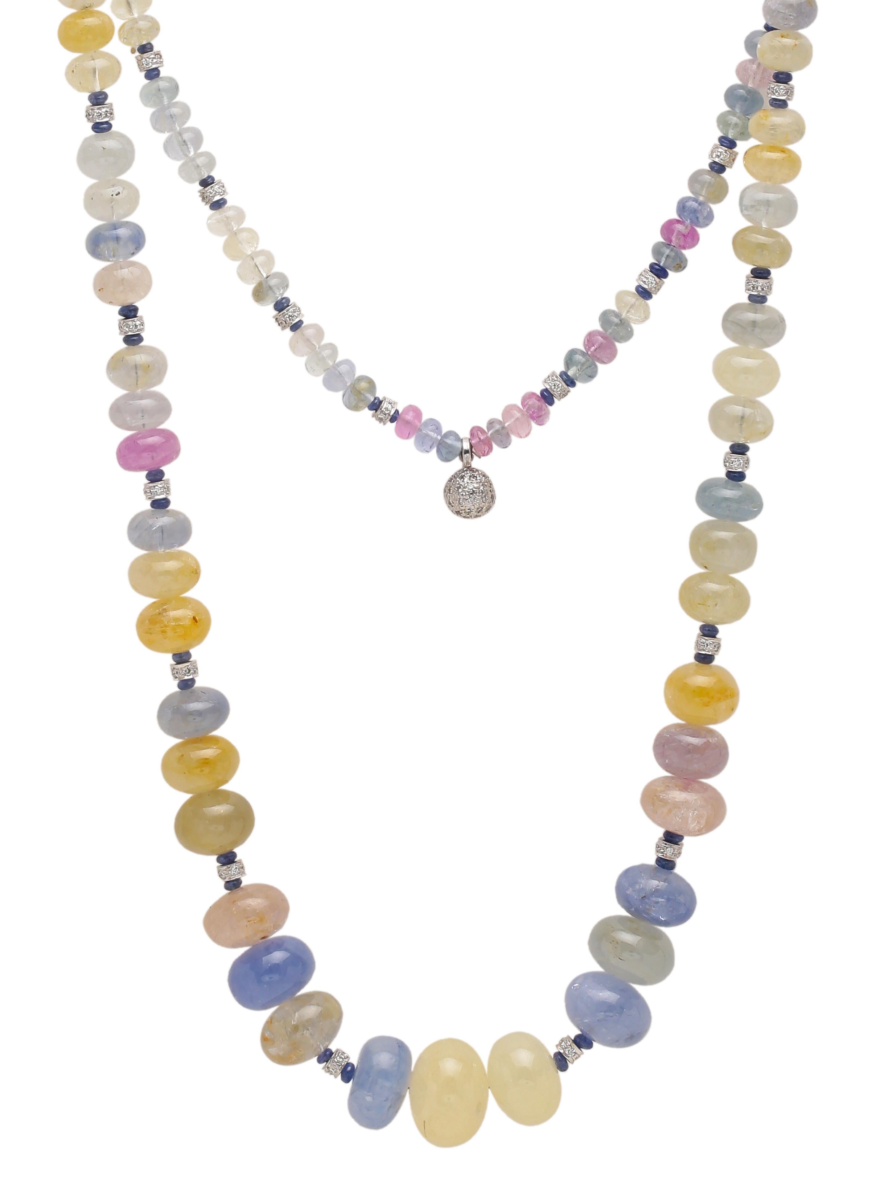 Modern Natural Sapphire Beaded Long Necklace with a Gold and Diamond Rhondells For Sale