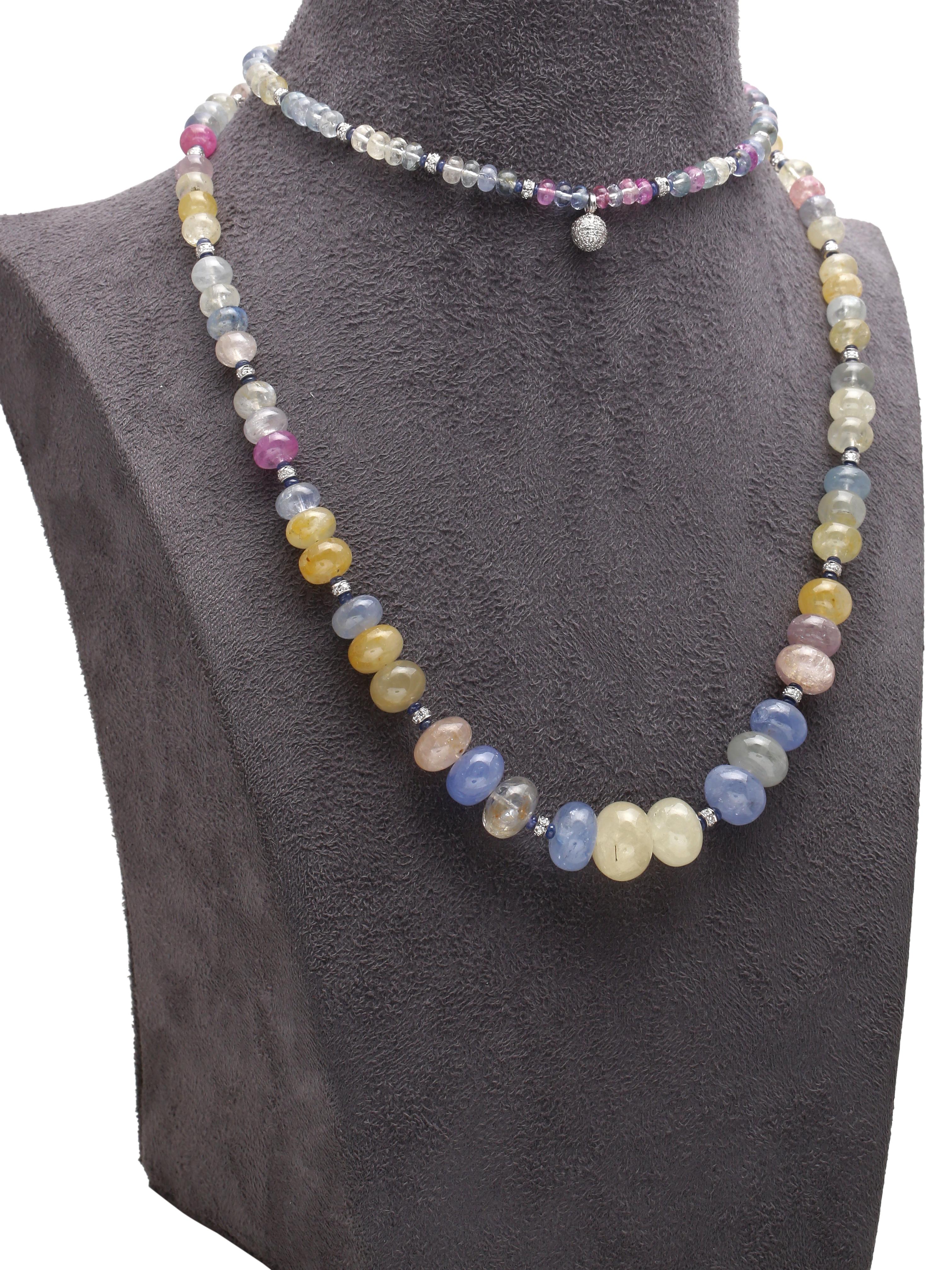 Natural Sapphire Beaded Long Necklace with a Gold and Diamond Rhondells In New Condition For Sale In Jaipur, IN