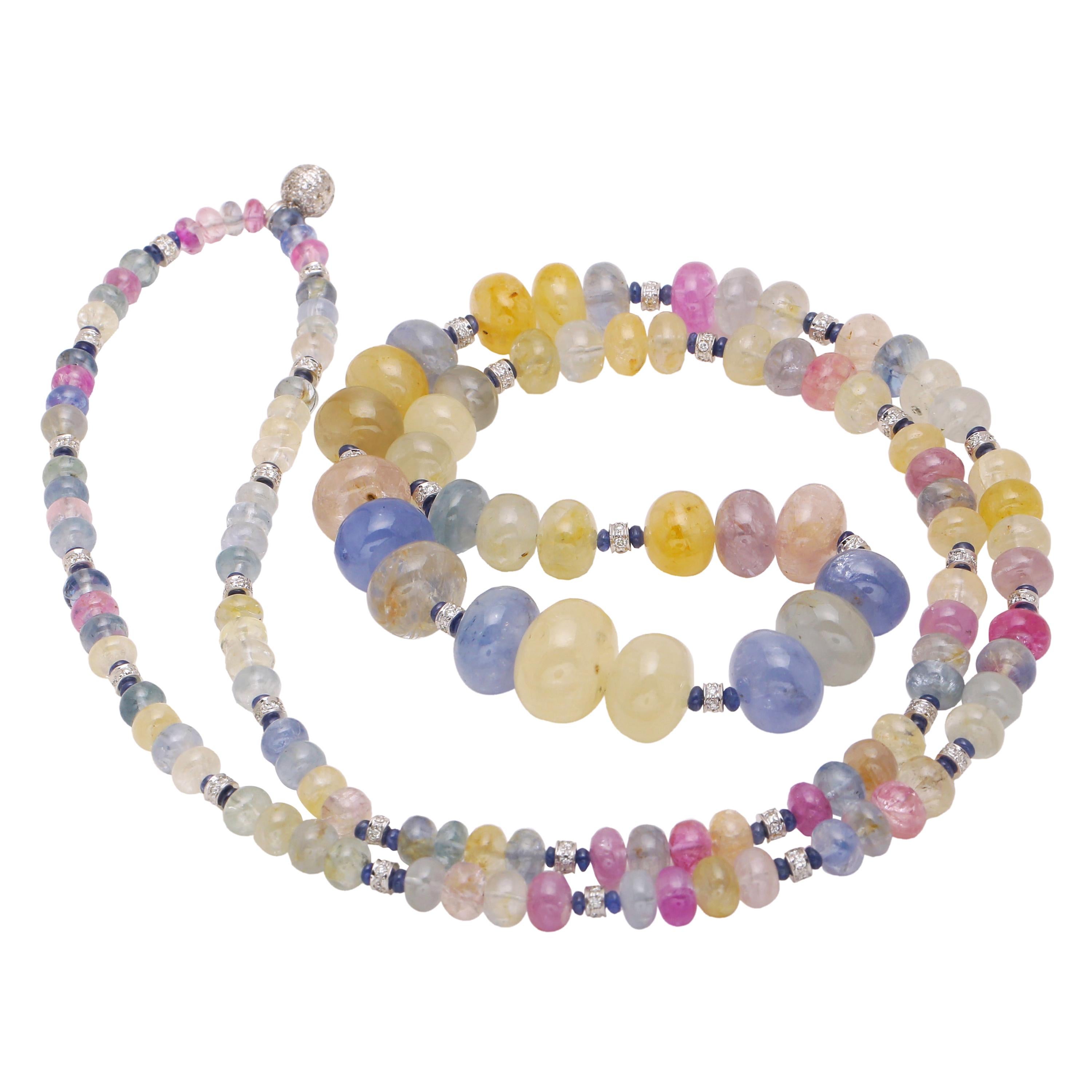 Natural Sapphire Beaded Long Necklace with a Gold and Diamond Rhondells For Sale