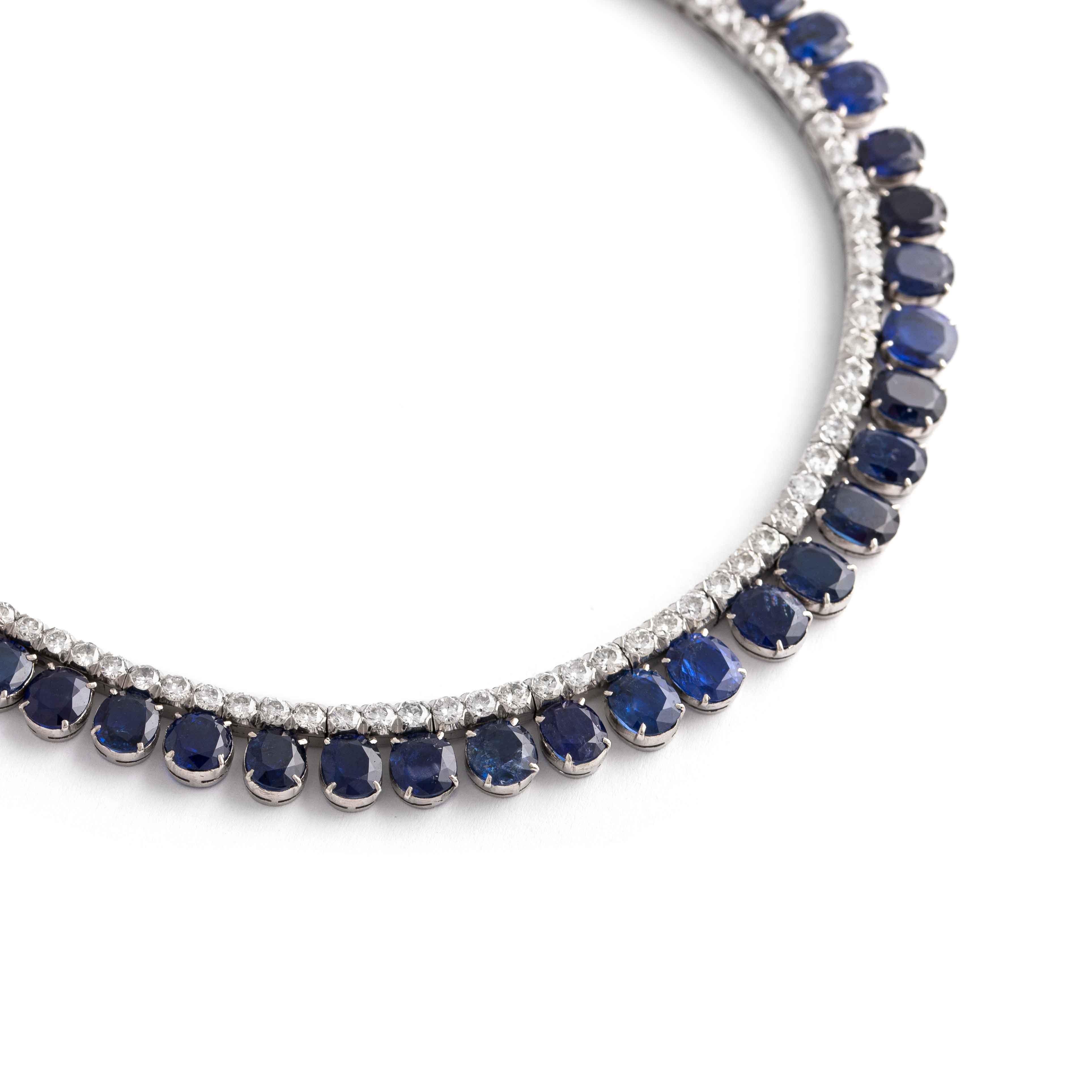 Natural Sapphire Burmese No heat and Diamond on white gold Necklace.
Total Sapphire weight: estimated to be 41.10 carats.
Total Diamond weight: estimated to be 5.17 carats.

According to the Ssef Swiss Laboratory Report 122750, the 68 sapphires are