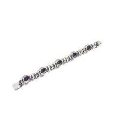 Natural Sapphire Cabochon and Diamond Curb Link Bracelet, 18KT White Gold