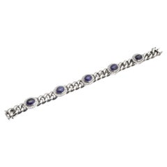 Natural Sapphire Cabochon and Diamond Curb Link Bracelet, 18KT White Gold