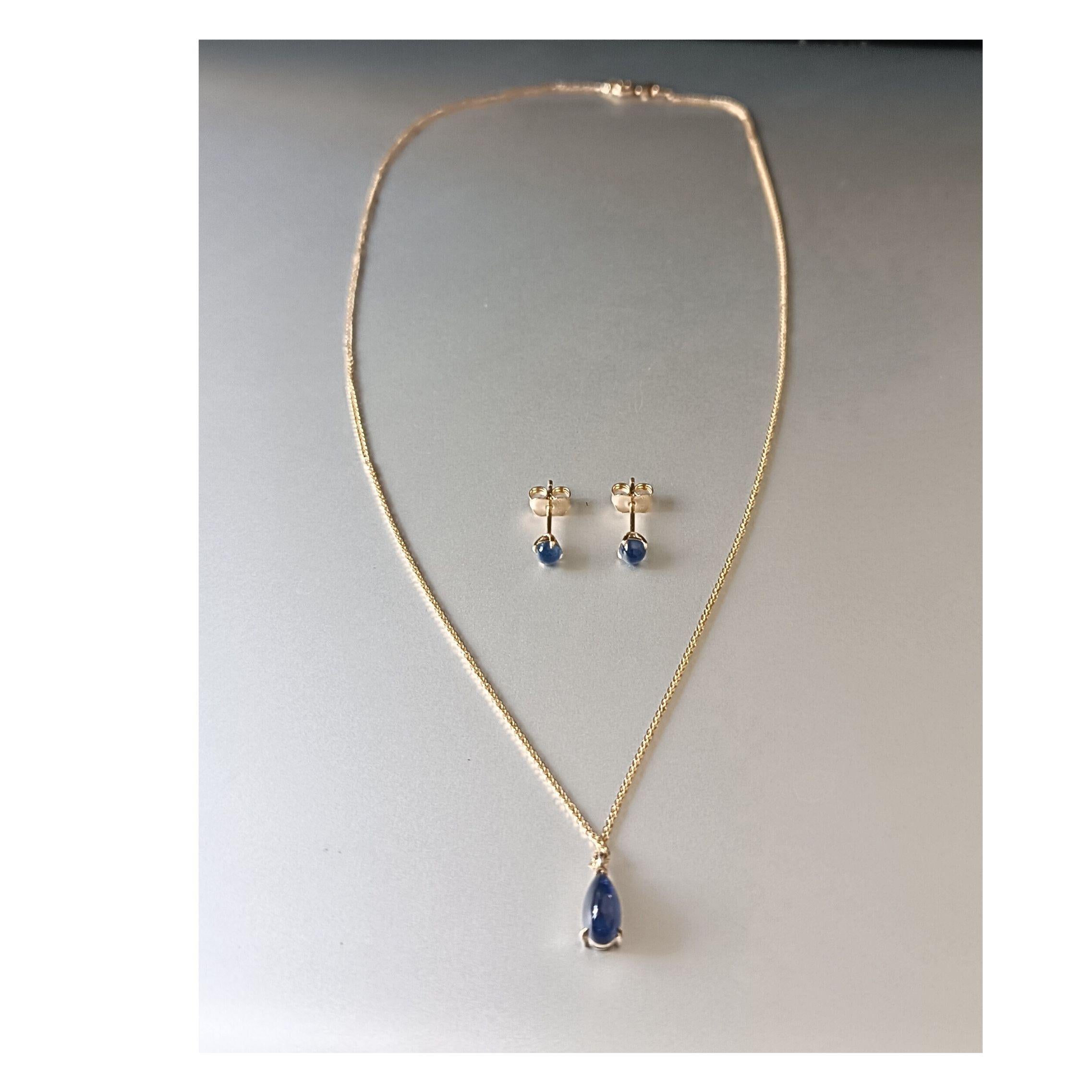 da uomo o donna Set di zaffiri naturali cabochon - Collana con ciondolo PS 1.08ct, orecchini 0.60ct, 14K in vendita