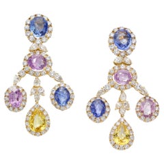 Natural Sapphire Ceylon No Heat , Diamond And Gold Earrings. Certified.