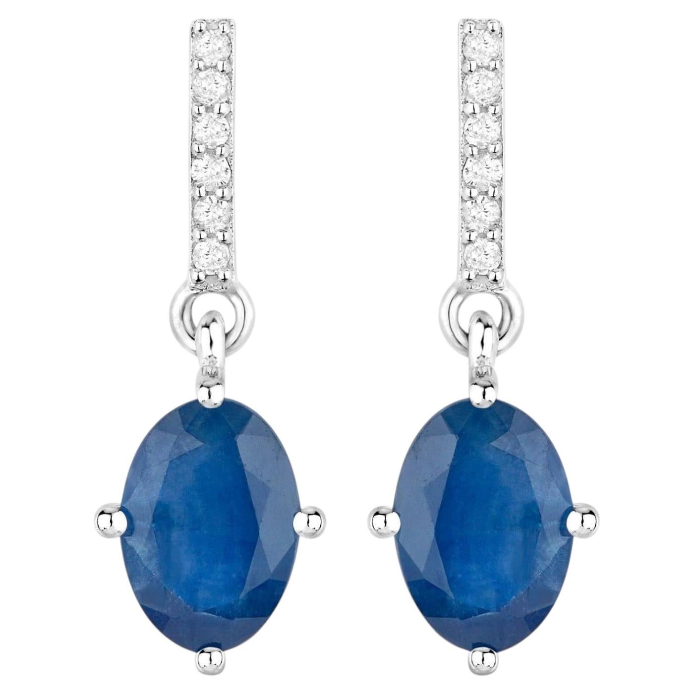 Natural Sapphire Dangle Earrings With Diamonds 1.92 Carats 10K White Gold