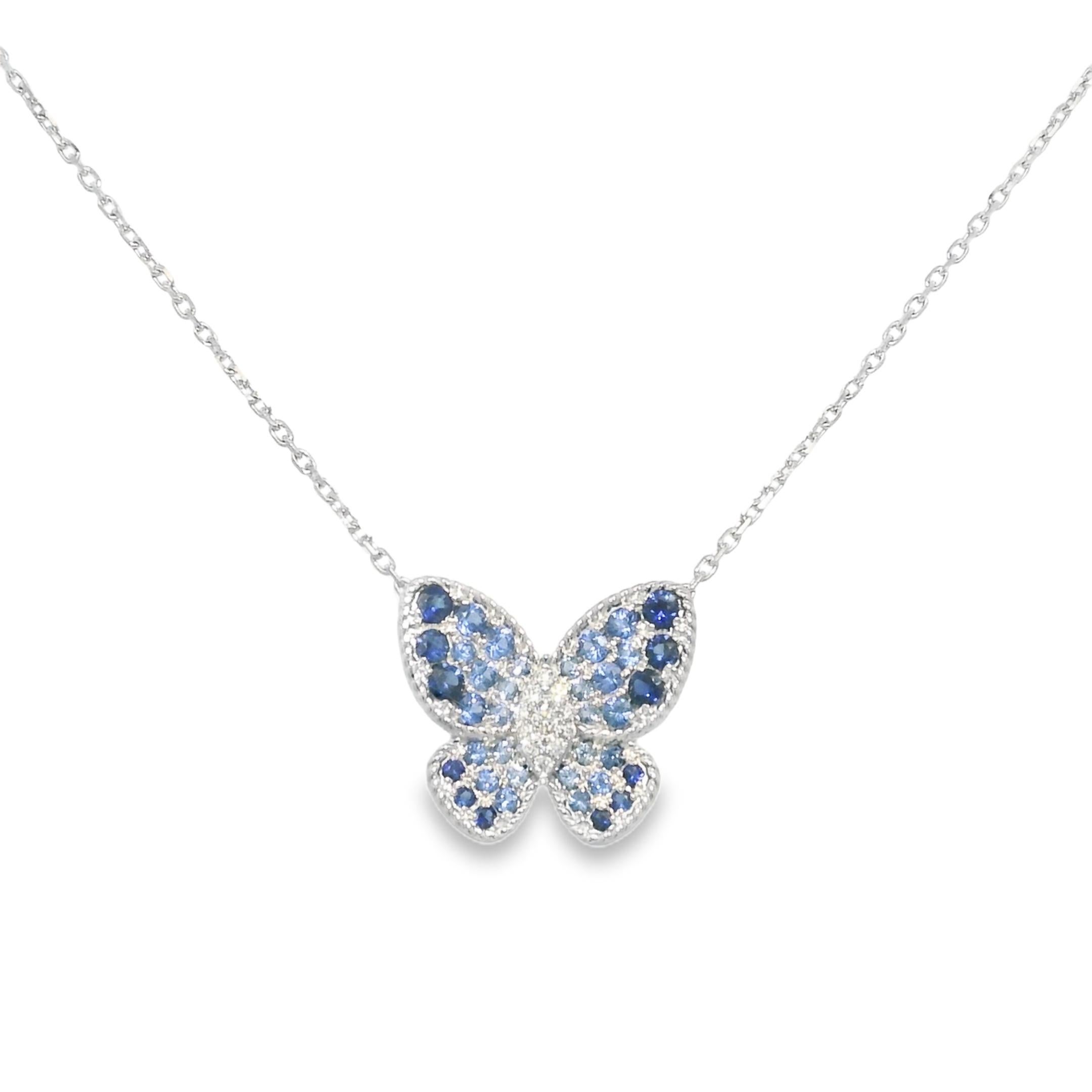 Collana con zaffiro naturale e diamante a farfalla da 14 carati In magazzino In condizioni ottime in vendita a Boca Raton, FL