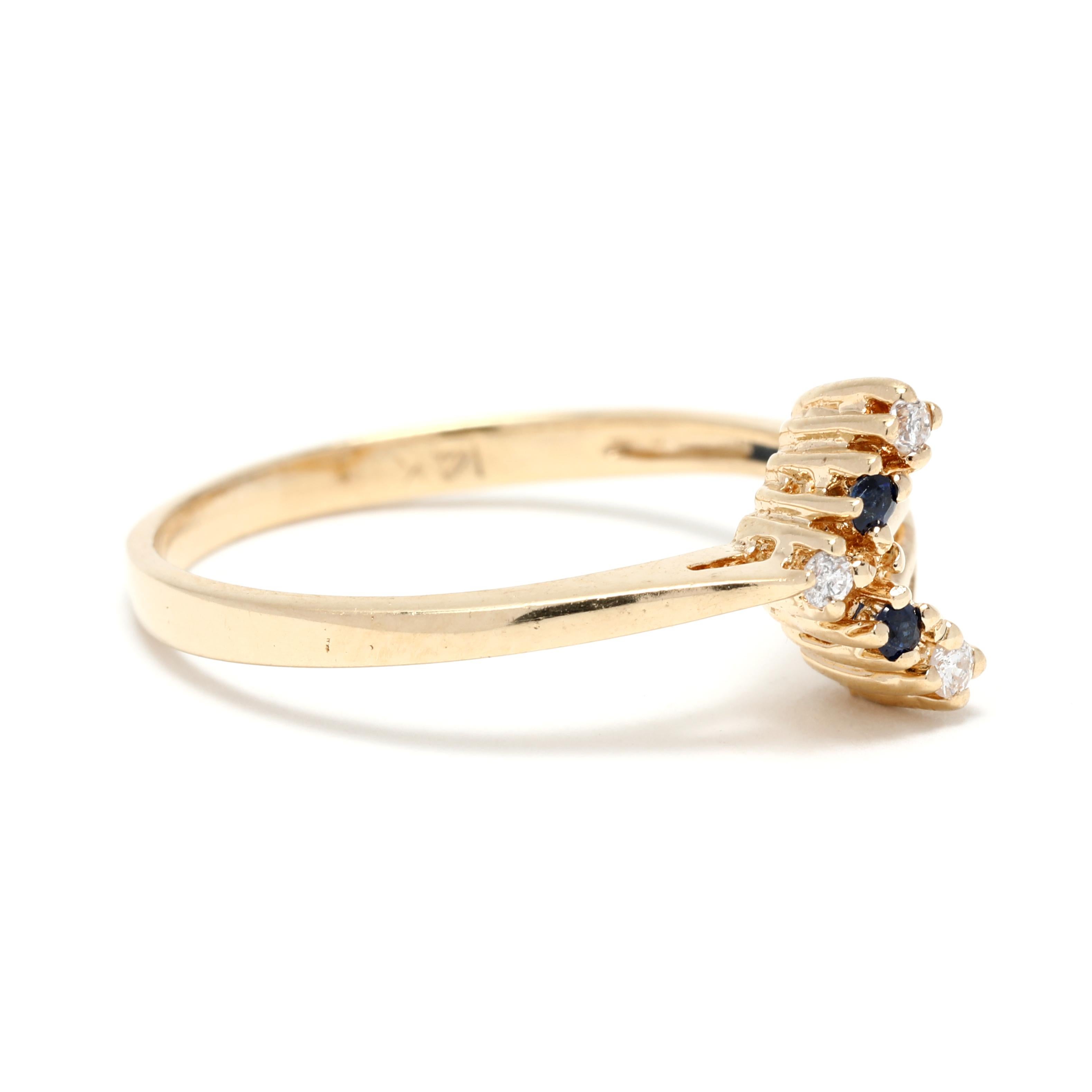 Dieser 0,07ctw Natural Sapphire Diamond Arrow Ring ist das perfekte Accessoire für den modernen Minimalisten. Dieser schöne und schlichte V-förmige Ring aus 14-karätigem Gelbgold zeigt in der Mitte einen diamantbesetzten Arrow, der von einem Halo