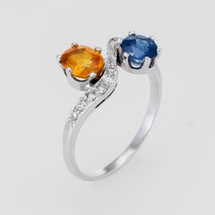 Natural Sapphire Diamond Bypass Ring Vintage 18 Karat White Gold