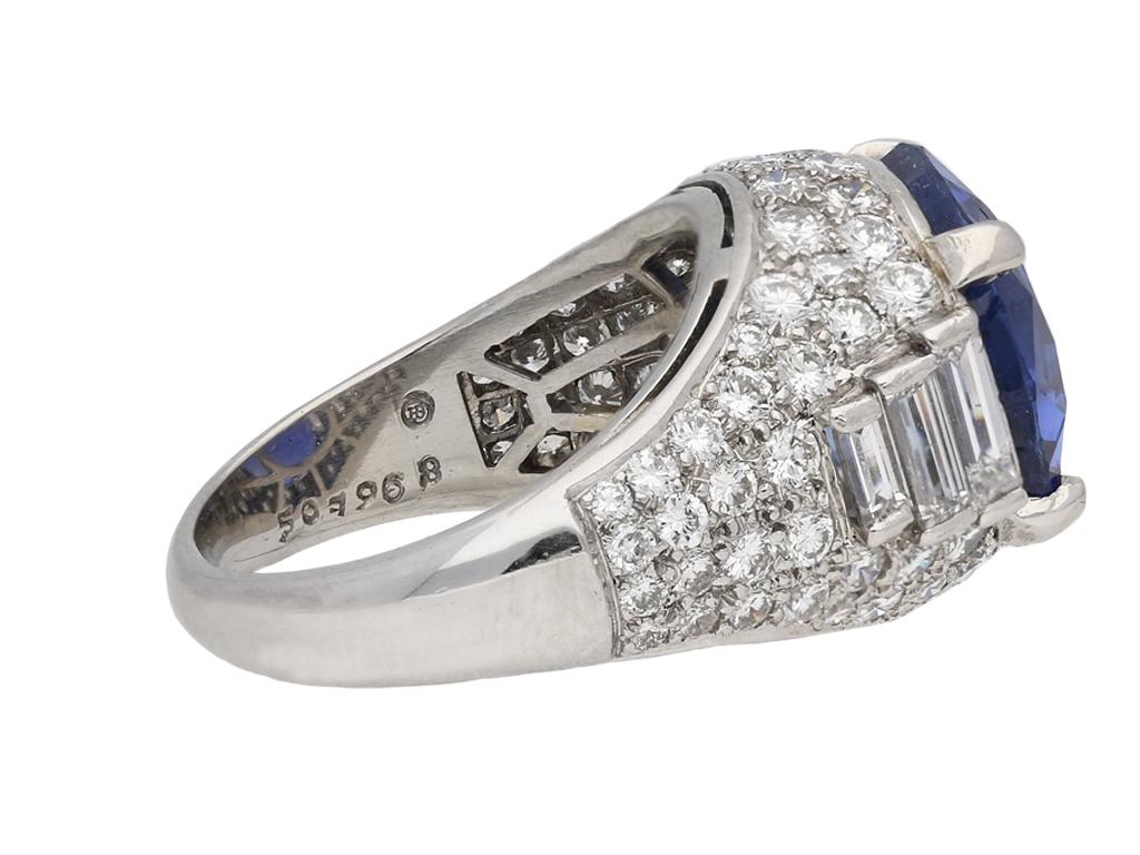 Cushion Cut Natural Sapphire and Diamond Cluster Ring by Oscar Heyman Brothers, circa 1960s For Sale