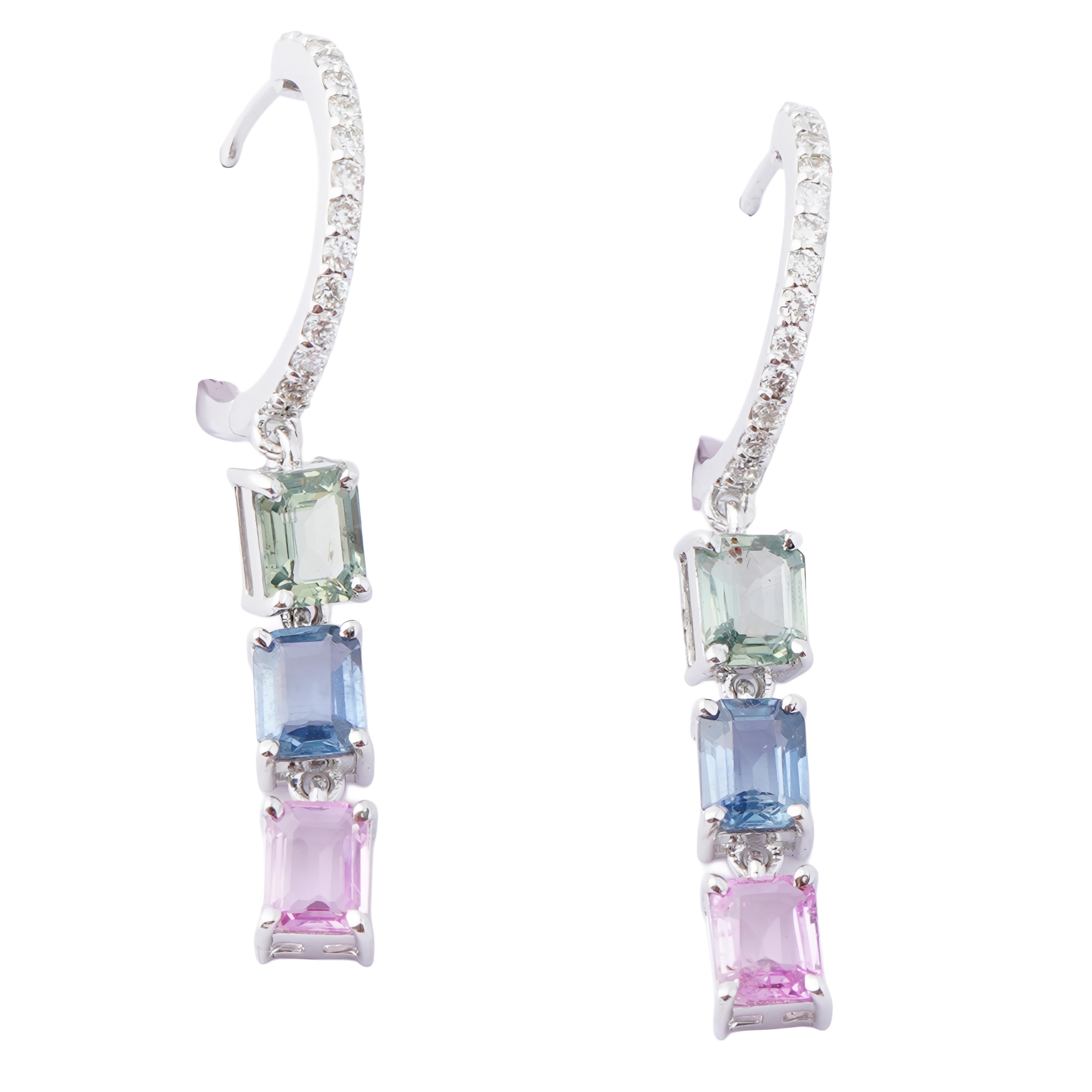 Taglio Asscher Orecchino con zaffiro naturale e diamante in oro 14k in vendita