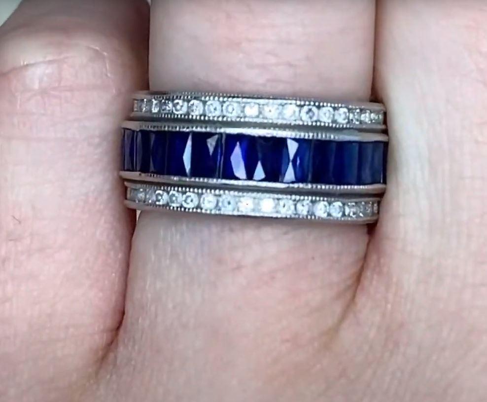 French Cut Natural Sapphire & Diamond Eternity Band Ring, Platinum For Sale