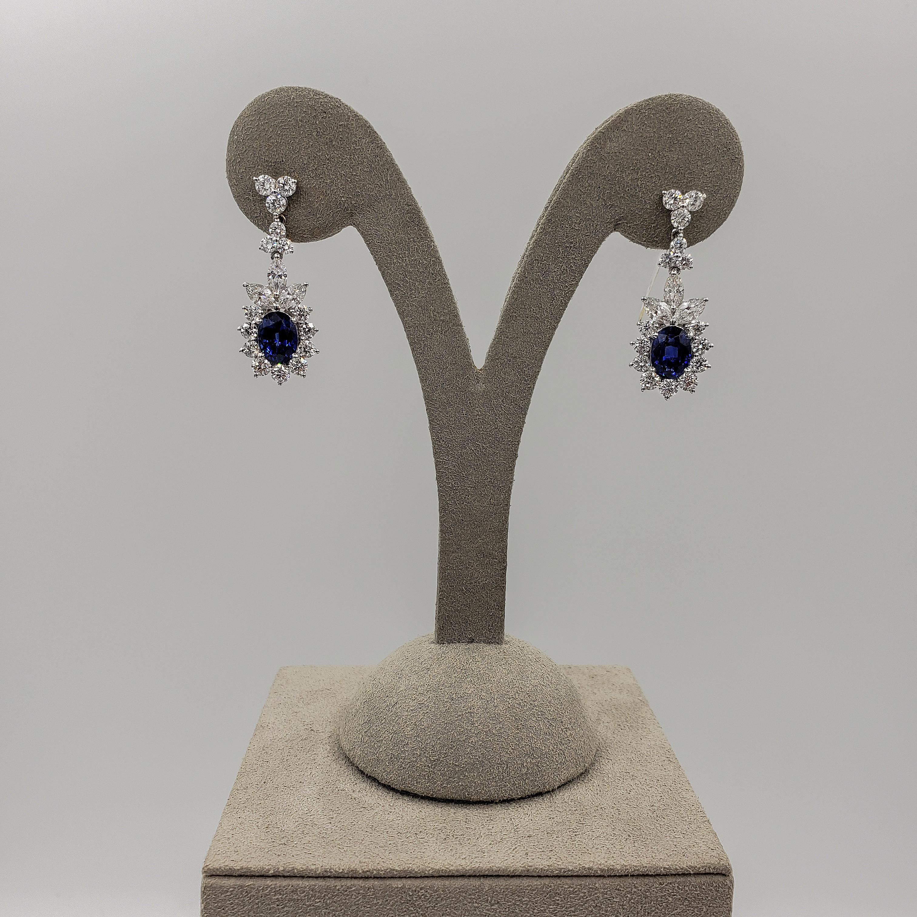 Mixed Cut Roman Malakov 3.72 Carats Oval Cut Blue Sapphire and Diamond Halo Dangle Earring For Sale