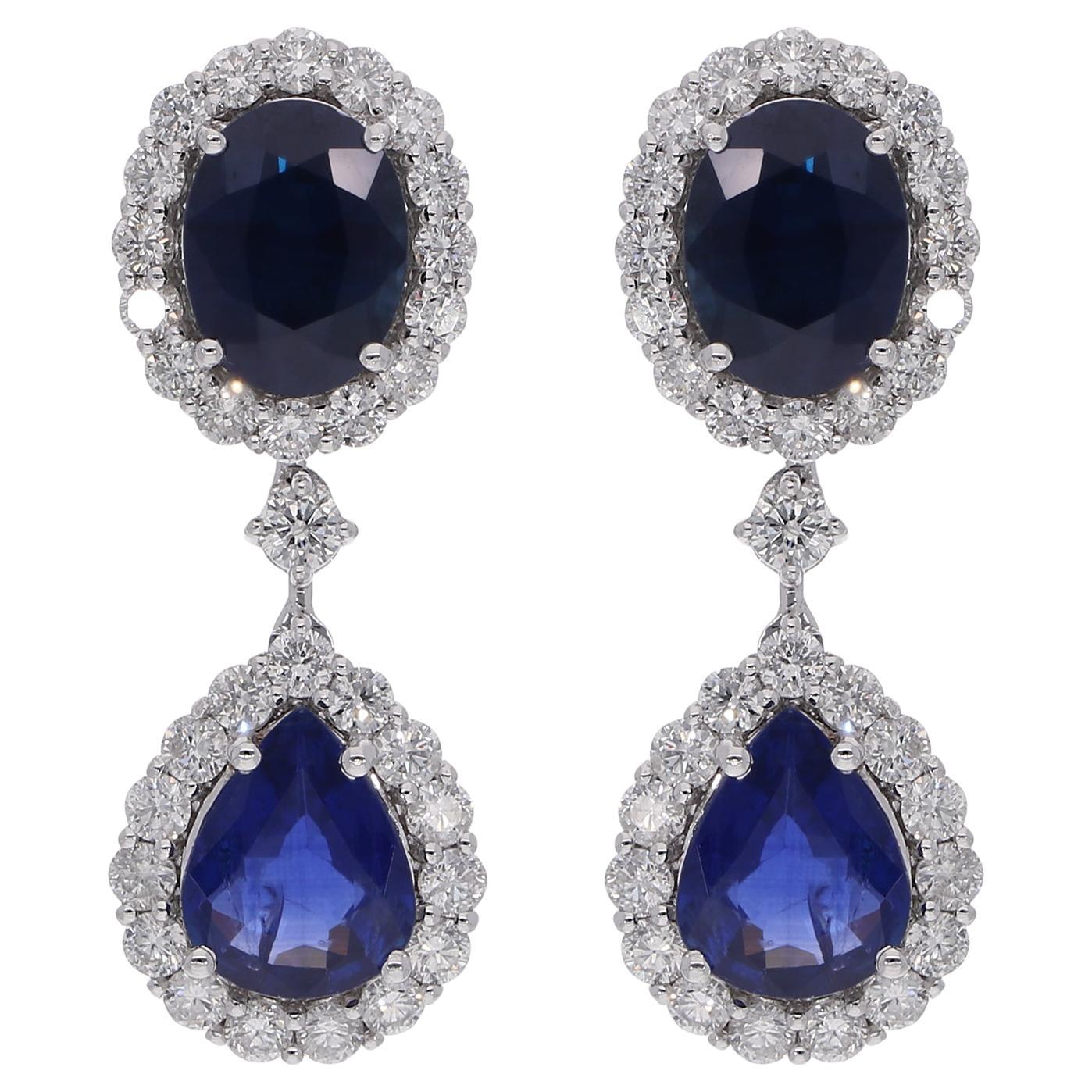 Natural Sapphire Diamond Halo Dangle Earrings 14 Karat White Gold Fine Jewelry