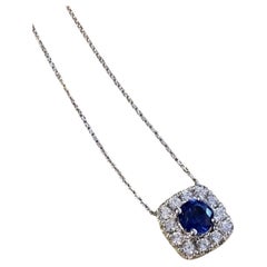 Natural Sapphire & Diamond Halo Pendant Necklace in 14k White Gold
