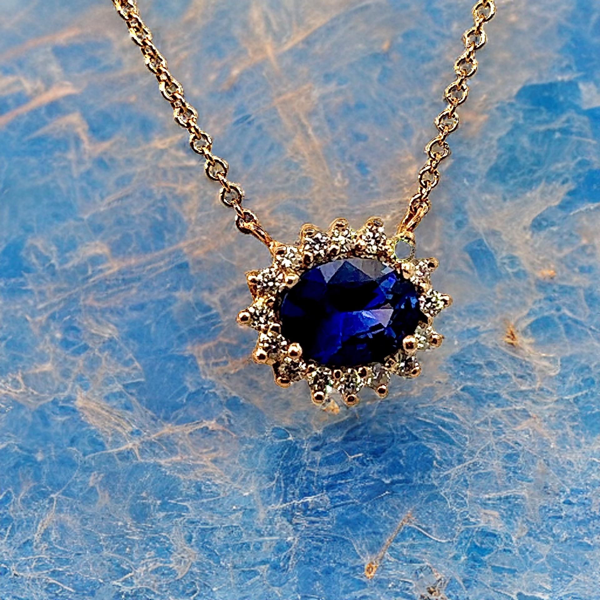 Natural Sapphire Diamond Halo Pendant With Chain 18