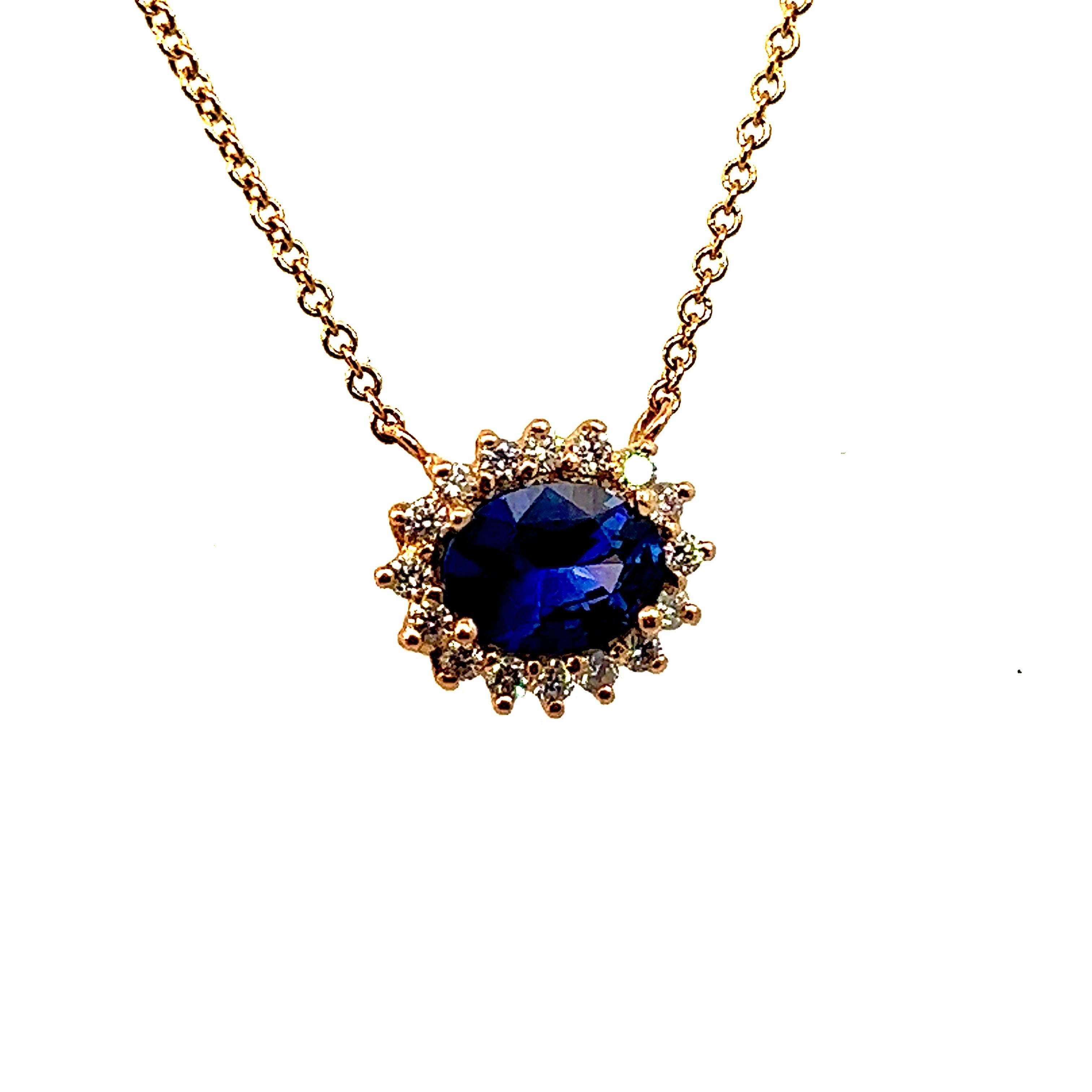 Natural Sapphire Diamond Halo Pendant With Chain 18