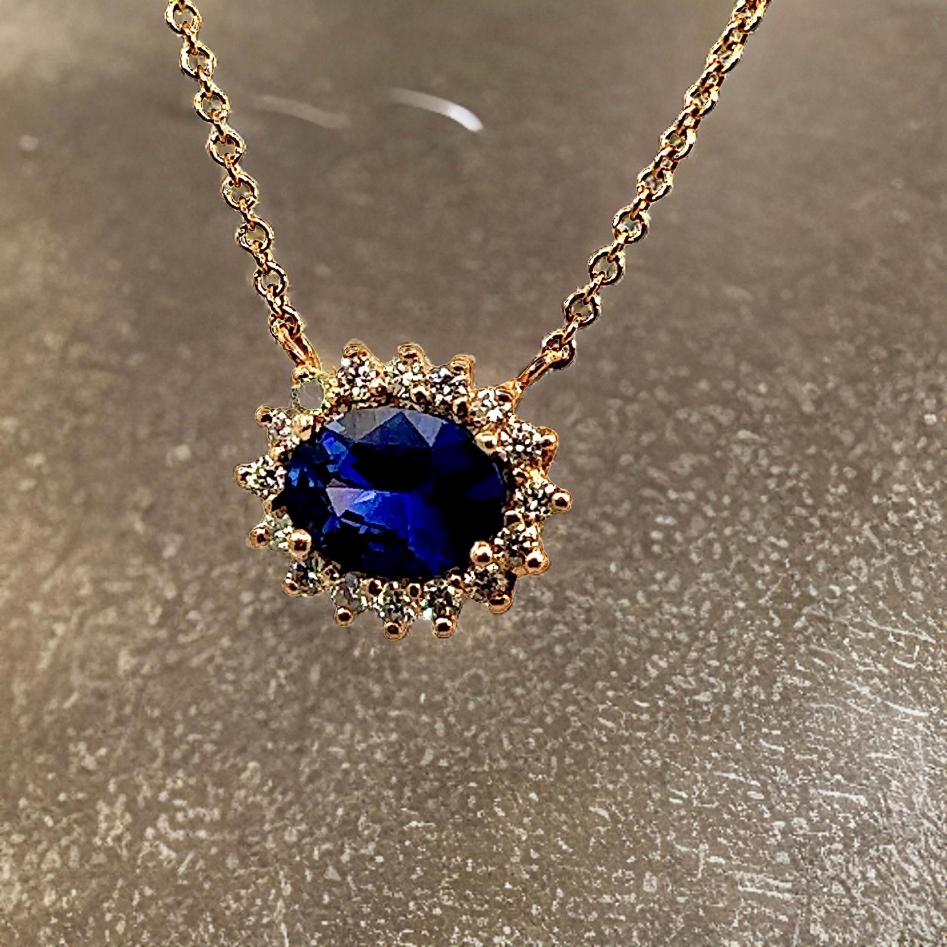 Natural Sapphire Diamond Halo Pendant With Chain 18