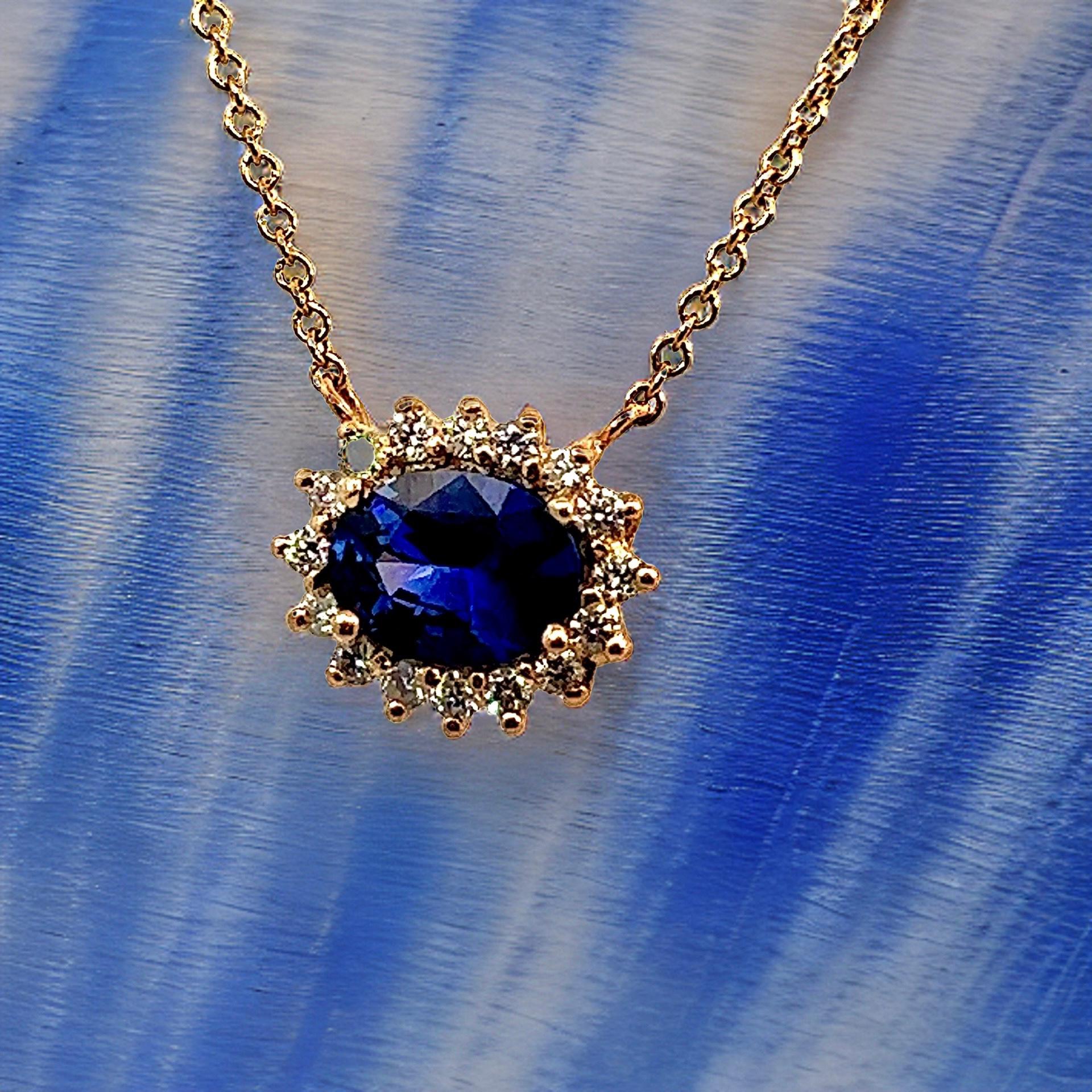Oval Cut Natural Sapphire Diamond Halo Pendant With Chain 18
