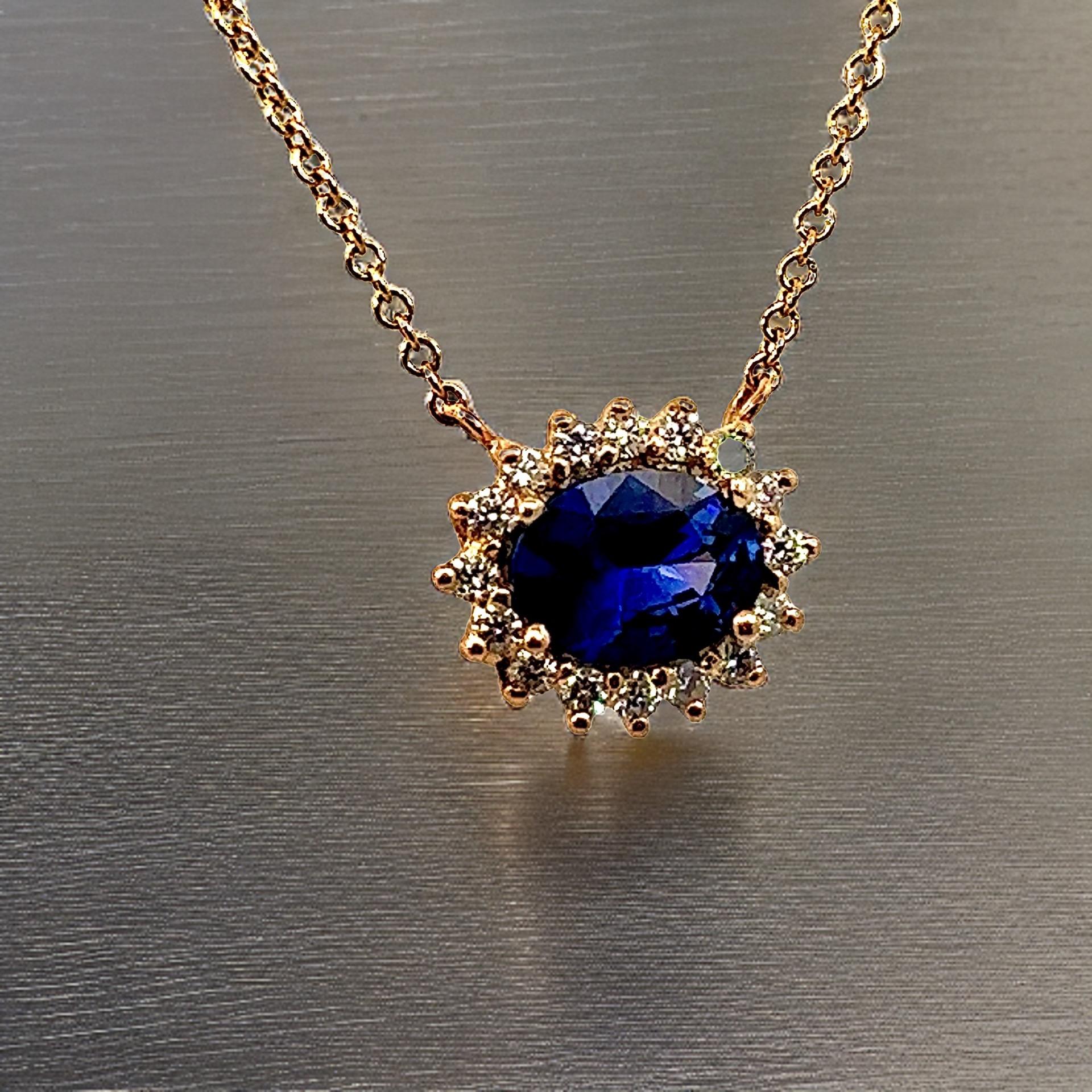 Natural Sapphire Diamond Halo Pendant With Chain 18