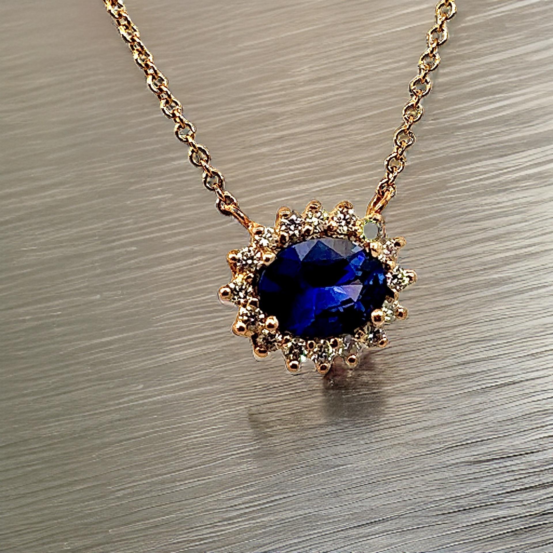Natural Sapphire Diamond Halo Pendant With Chain 18