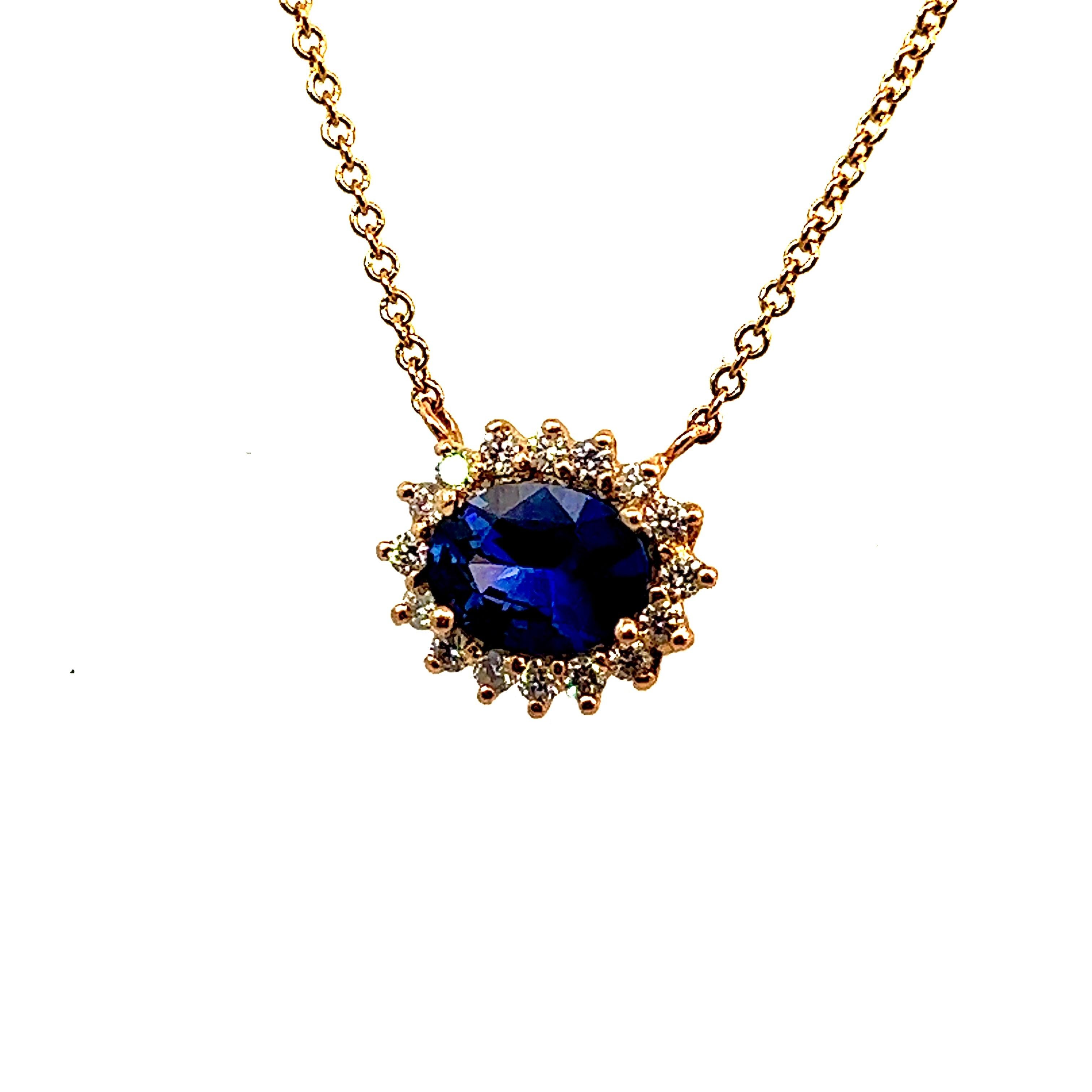 Natural Sapphire Diamond Halo Pendant With Chain 18