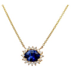 Natural Sapphire Diamond Halo Pendant With Chain 18" 14k YG 1.67 TCW Certified