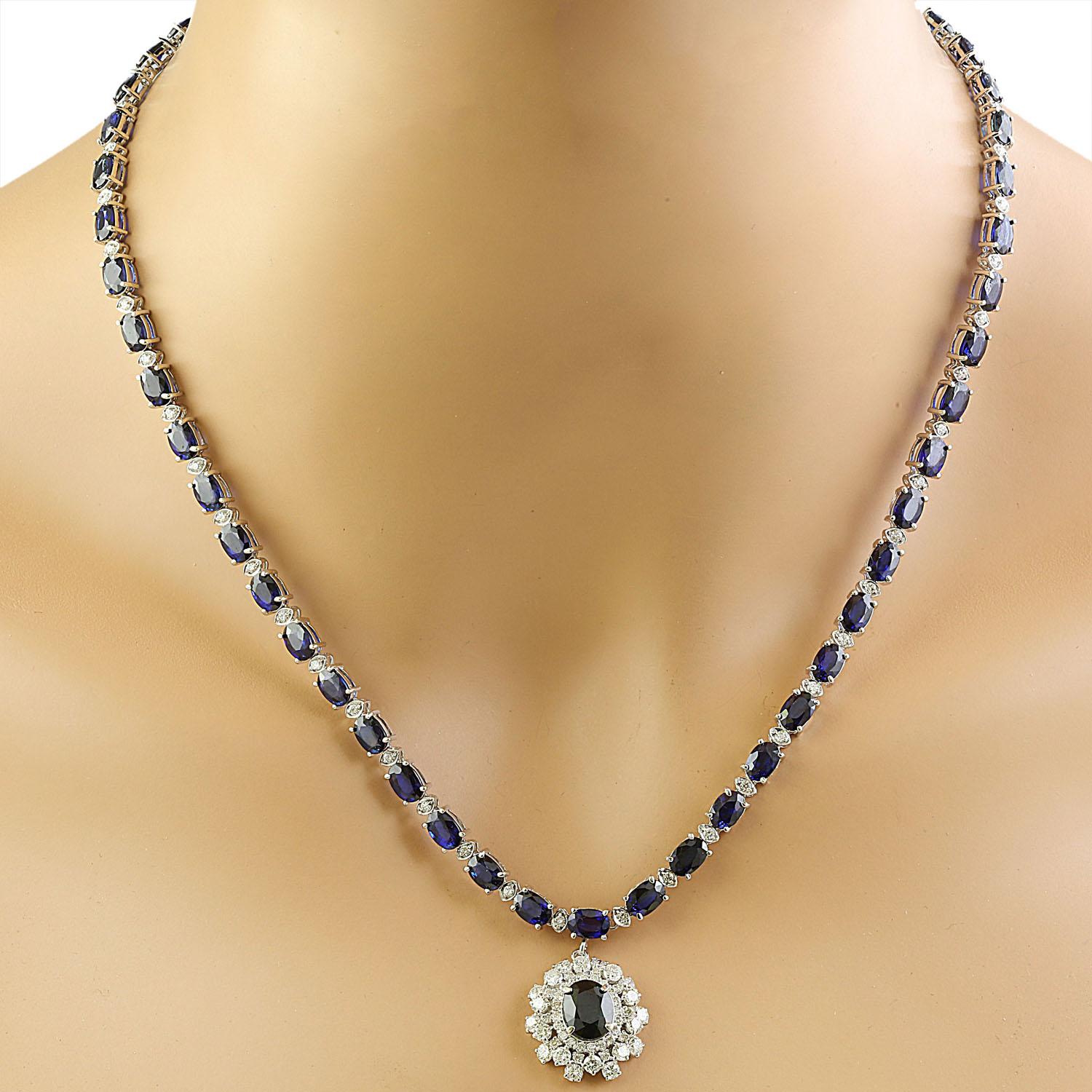 38.80 Carat Natural Sapphire 14 Karat Solid White Gold Diamond Necklace
Stamped: 14K
Total Necklace Weight: 24 Grams
Necklace Length: 18 Inches
Center Sapphire Weight: 2.61 Carat (9.00x7.00 Millimeters)
Side Sapphire Weight: 32.89 Carat (6.00x4.00
