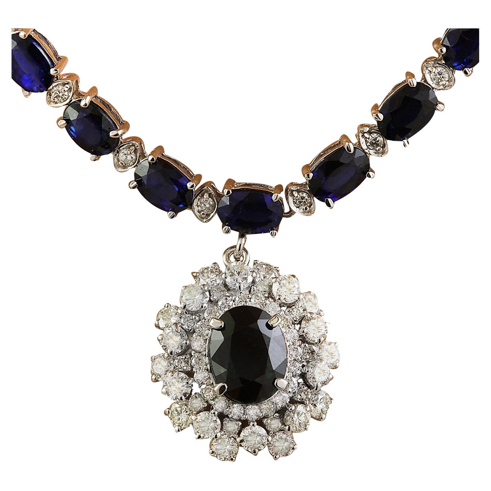 Natural Sapphire Diamond Necklace In 14 Karat White Gold