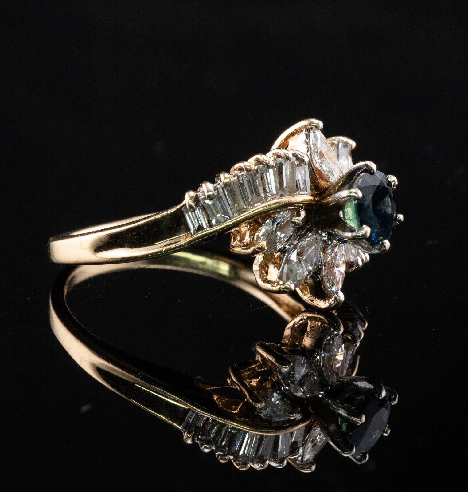 Taglio rotondo Anello con zaffiro naturale e diamante in oro 14K Flower Estate in vendita