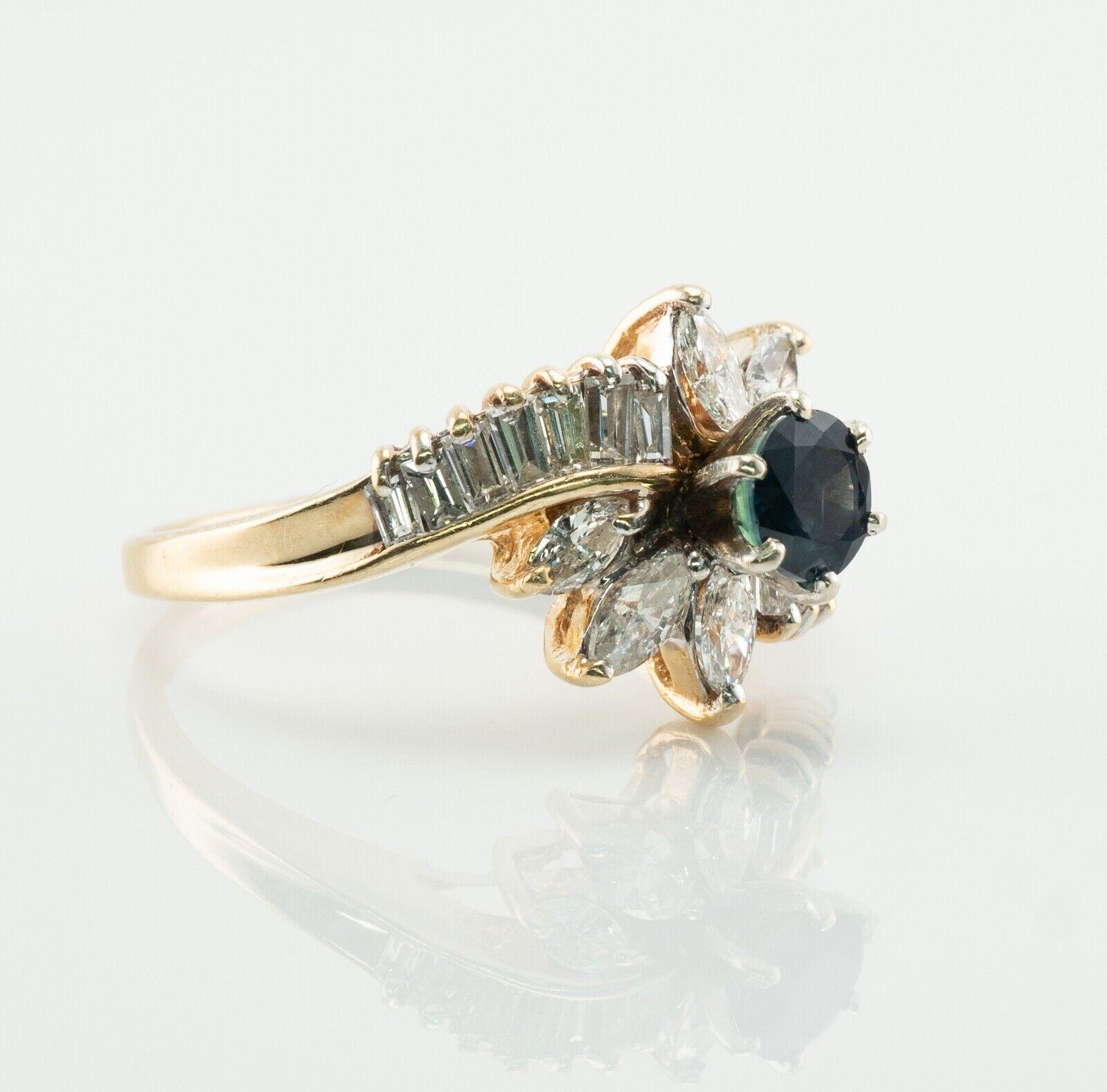 Anello con zaffiro naturale e diamante in oro 14K Flower Estate in vendita 2