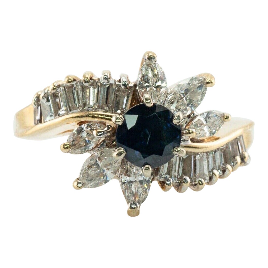 Natural Sapphire Diamond Ring 14K Gold Flower Estate